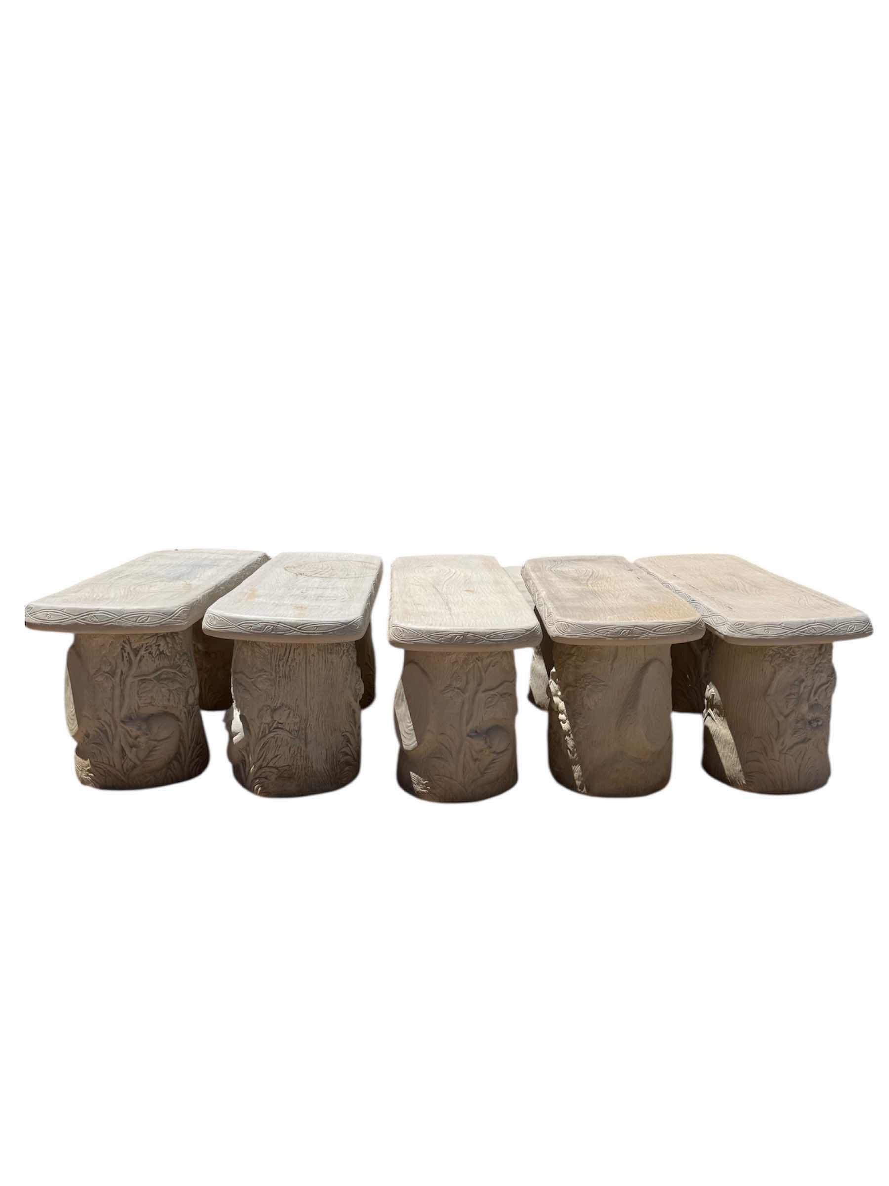 Photo 1 of 5- OUTDOOR RESIN OFF-WHITE GARDEN BENCHES TREE FLORAL DESIGN, AND OUTDOOR RESIN GARDEN STOOL, OUTDOOR, 6 ITEMS GARDEN BENCH 37” X 13” X H18”. GARDEN STOOL D14” X H18”