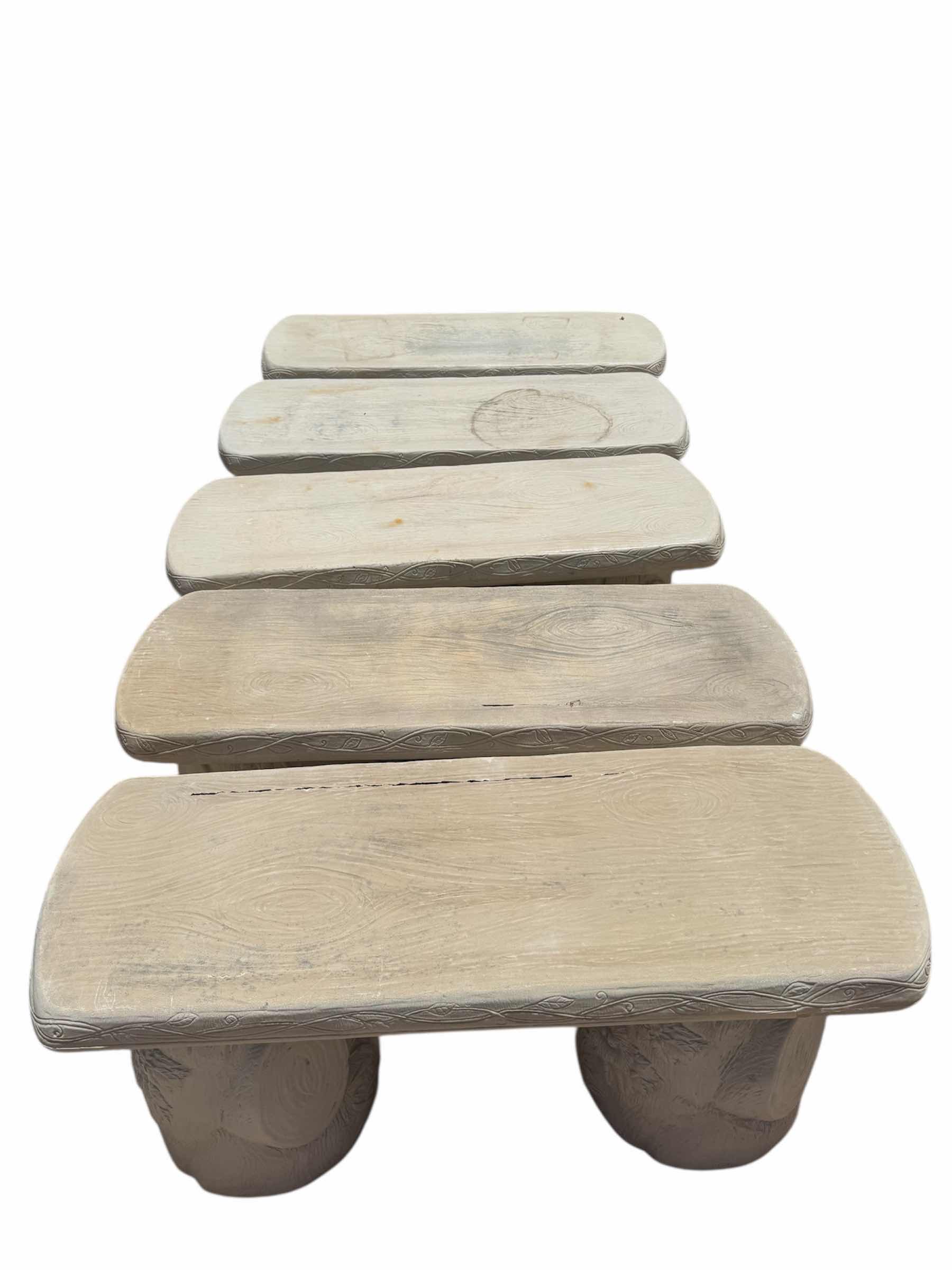 Photo 1 of 5- OUTDOOR RESIN OFF-WHITE GARDEN BENCHES TREE FLORAL DESIGN, AND OUTDOOR RESIN GARDEN STOOL, OUTDOOR, 6 ITEMS GARDEN BENCH 37” X 13” X H18”. GARDEN STOOL D14” X H18”