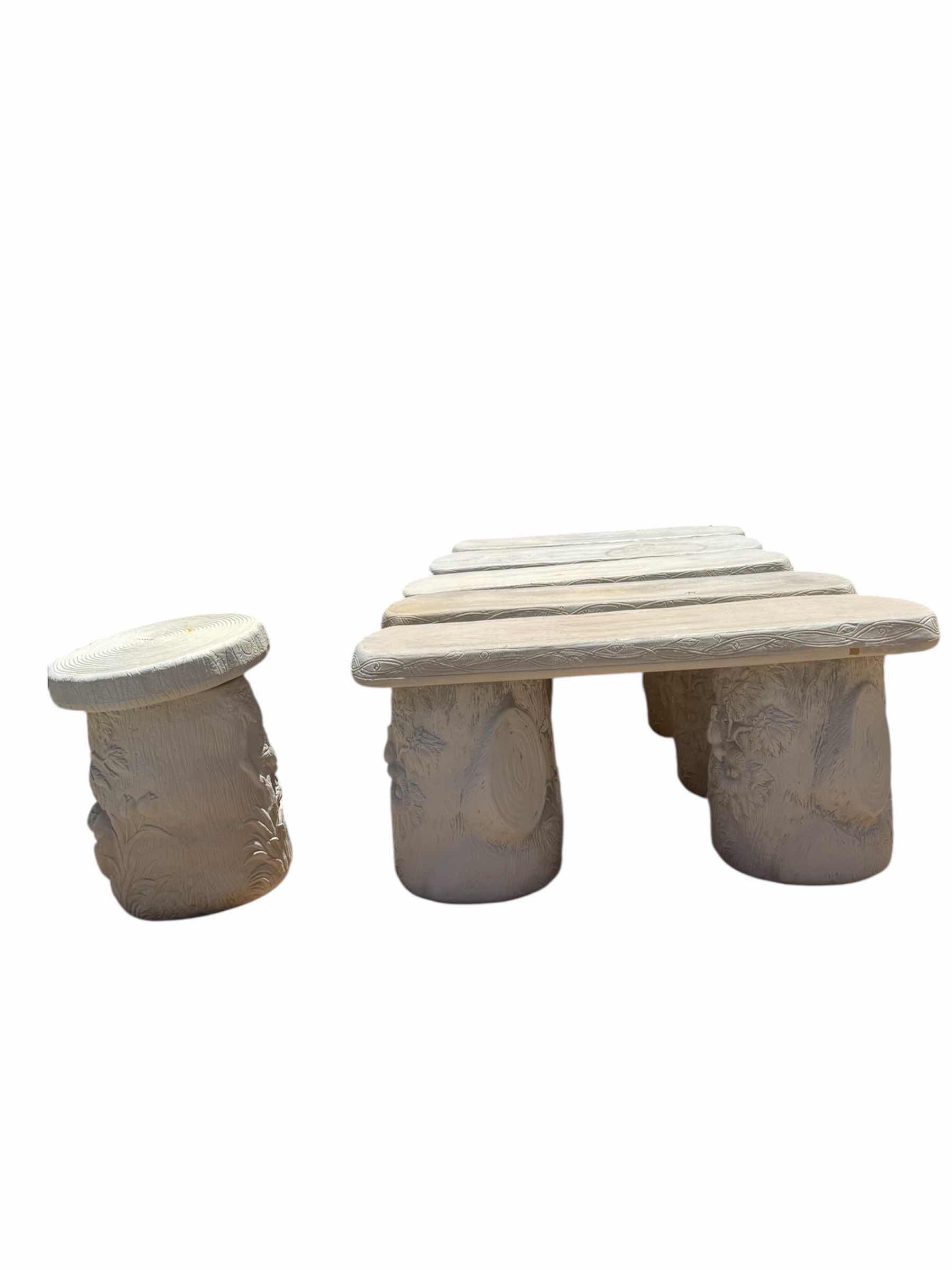 Photo 1 of 5- OUTDOOR RESIN OFF-WHITE GARDEN BENCHES TREE FLORAL DESIGN, AND OUTDOOR RESIN GARDEN STOOL, OUTDOOR, 6 ITEMS GARDEN BENCH 37” X 13” X H18”. GARDEN STOOL D14” X H18”
