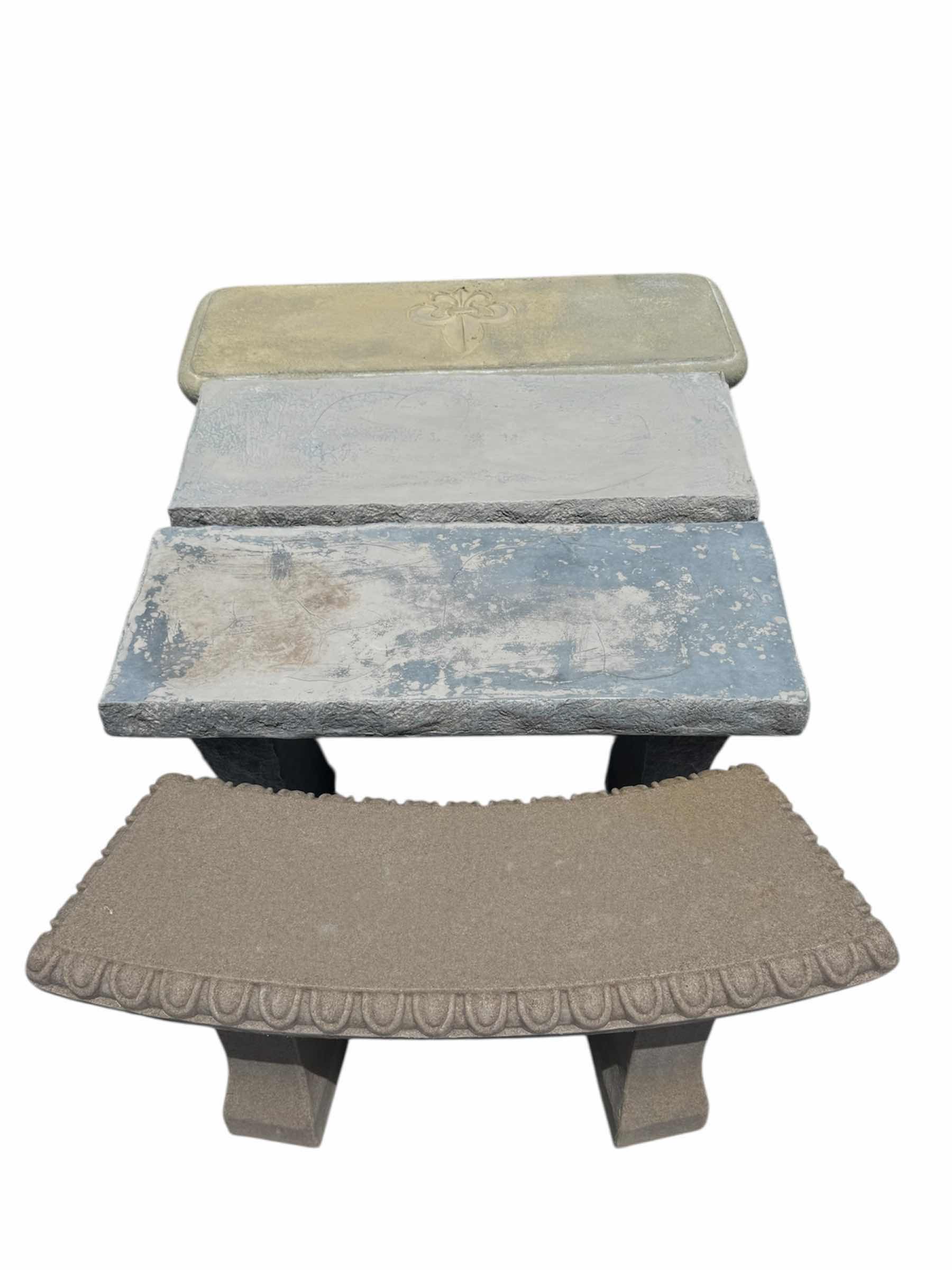 Photo 1 of 4- GARDEN BENCHES, 3 RESIN GARDEN BENCHES, 1 STONE GARDEN BENCH, OUTDOOR, GARDENING 36” X 14” X H17.5”