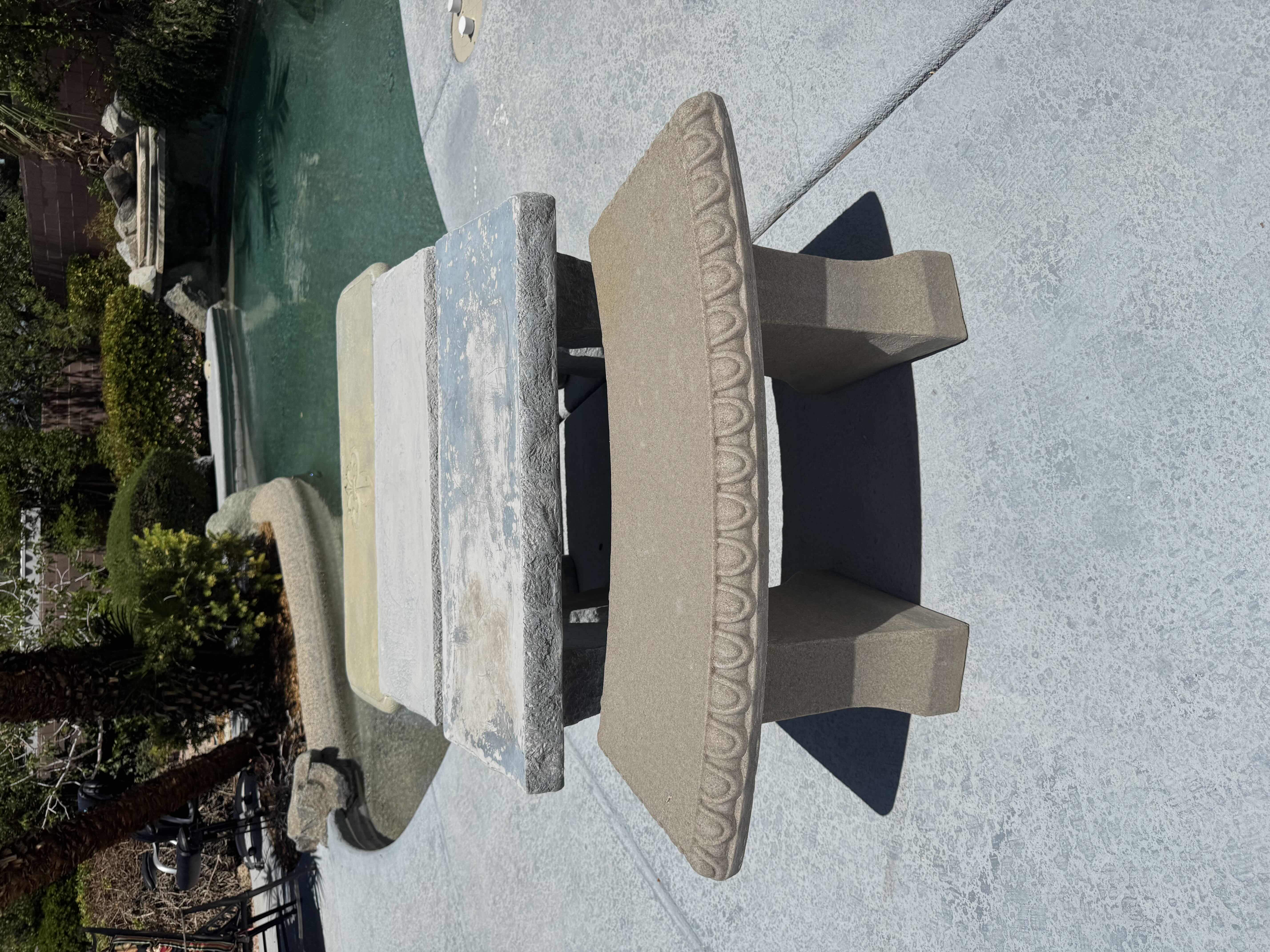 Photo 1 of 4- GARDEN BENCHES, 3 RESIN GARDEN BENCHES, 1 STONE GARDEN BENCH, OUTDOOR, GARDENING 36” X 14” X H17.5”