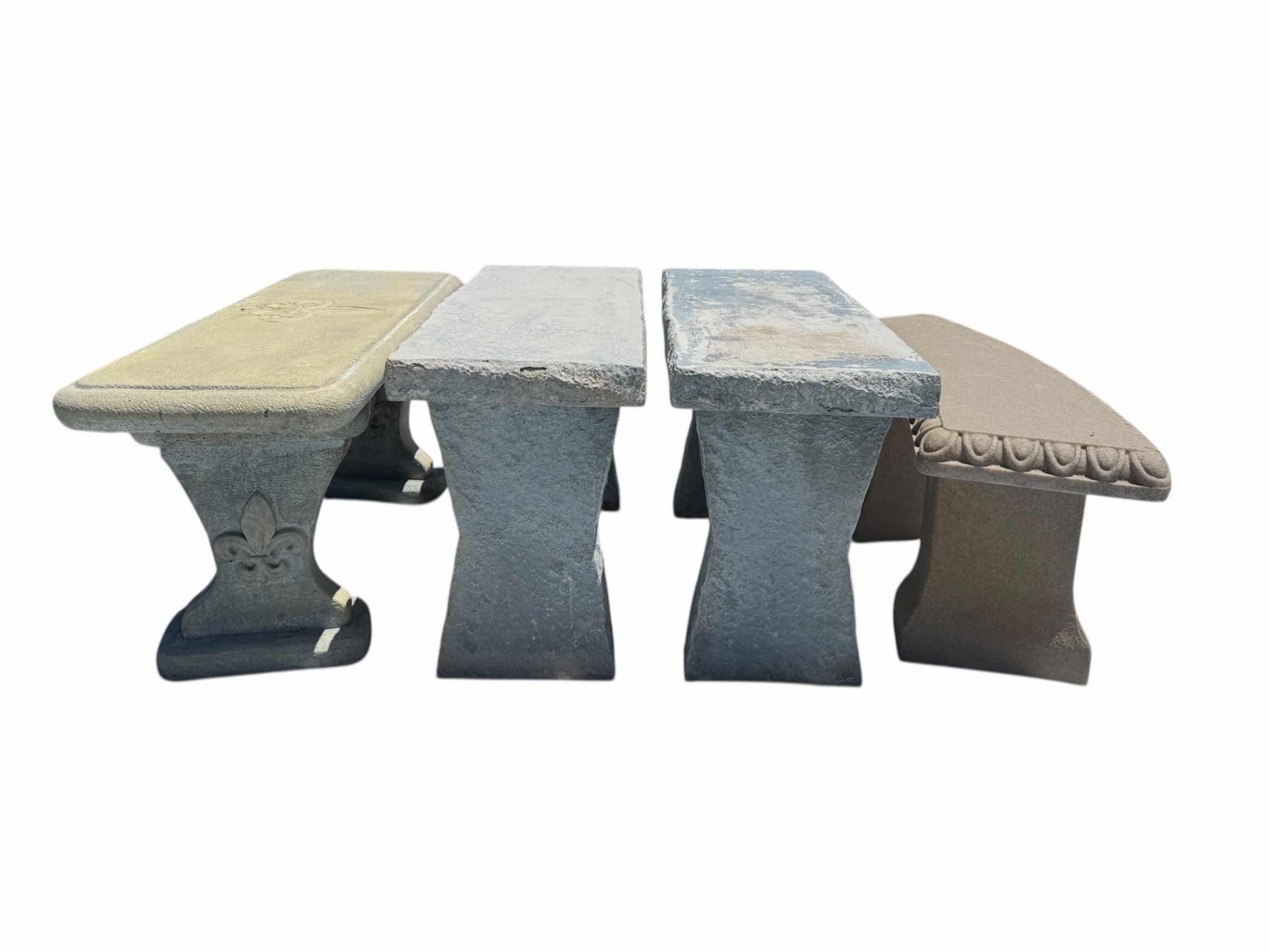 Photo 1 of 4- GARDEN BENCHES, 3 RESIN GARDEN BENCHES, 1 STONE GARDEN BENCH, OUTDOOR, GARDENING 36” X 14” X H17.5”