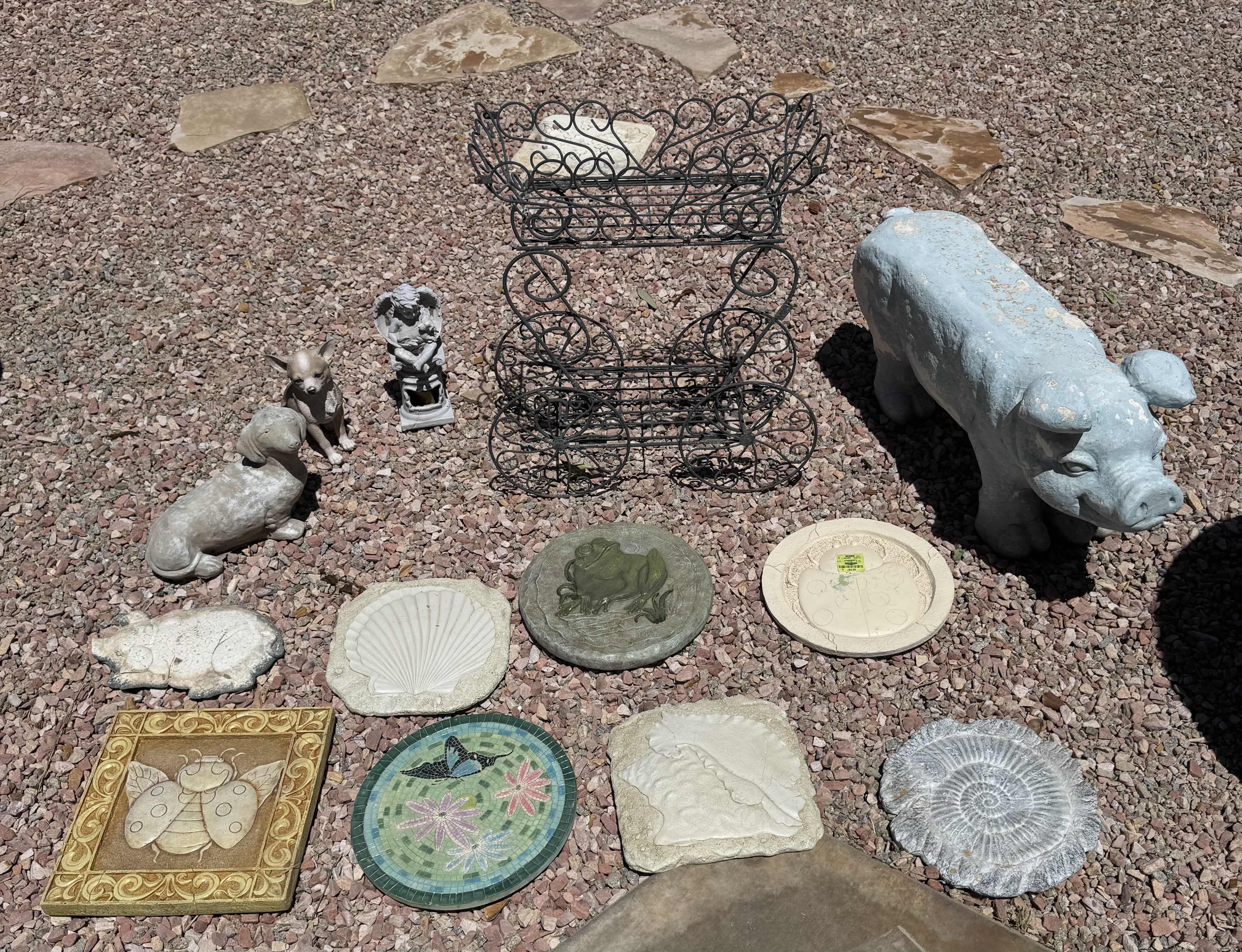 Photo 1 of ASSORTED OUTDOOR AND GARDENING DECOR, RESIN DECOR, METAL PLANT HOLDER CART