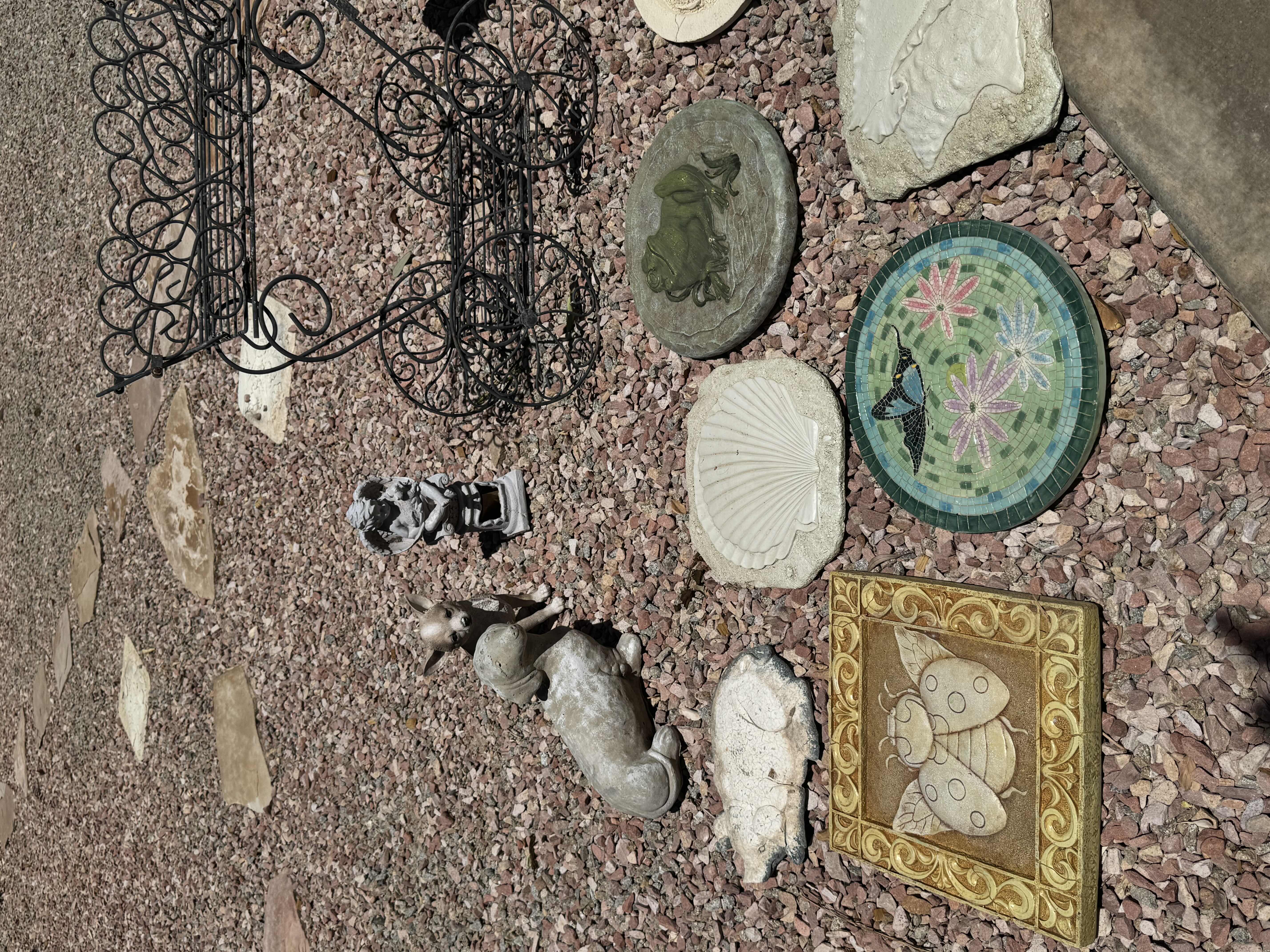 Photo 1 of ASSORTED OUTDOOR AND GARDENING DECOR, RESIN DECOR, METAL PLANT HOLDER CART