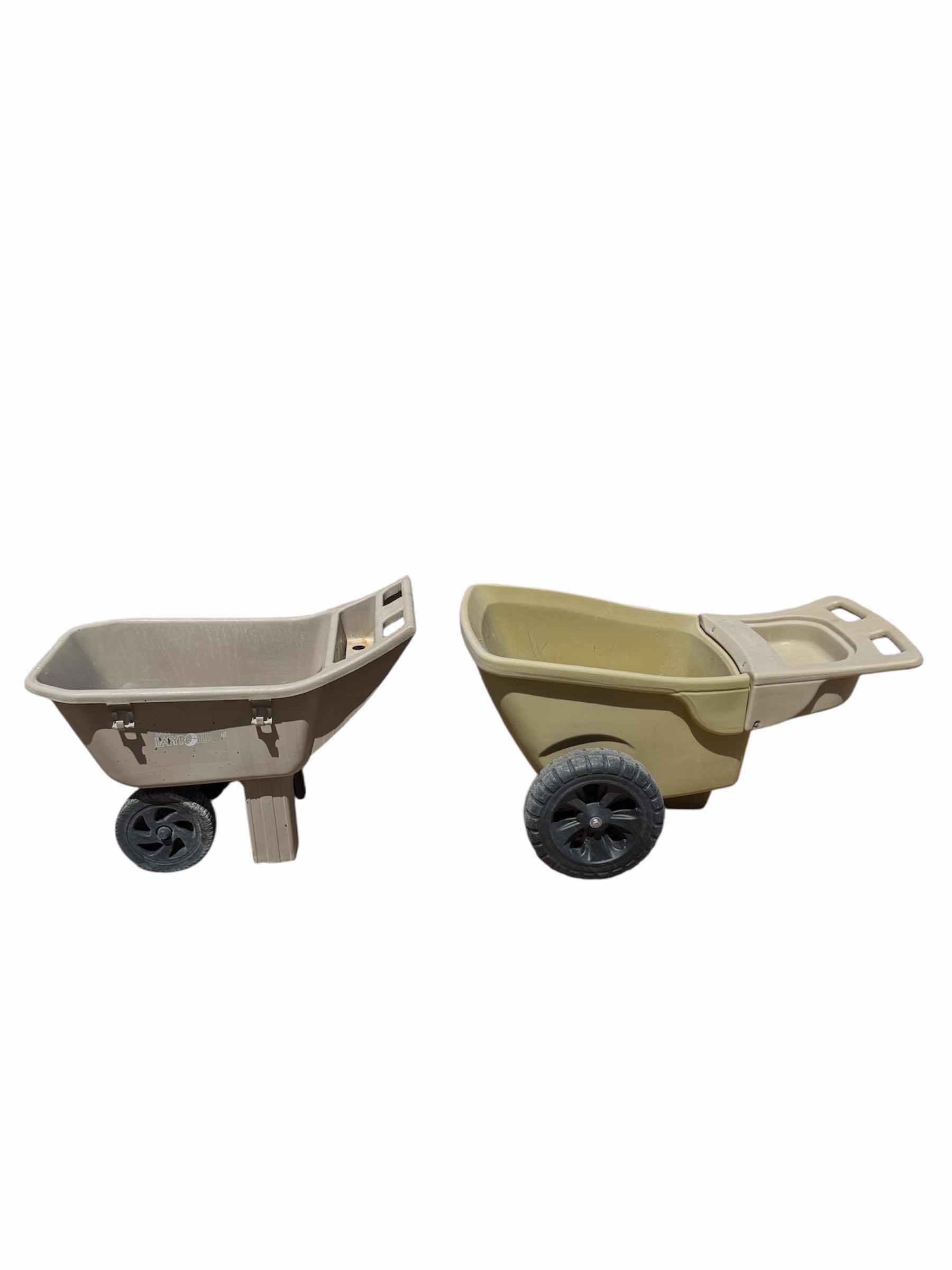Photo 1 of 2- WHEELBARROWS, LIGHTWEIGHT, EASY TO HAUL, SIMPLAY3 AND AMES EASY ROLLER, GRAY AND BROWN

46” X 24” X H24”

37” X 20” X H27”