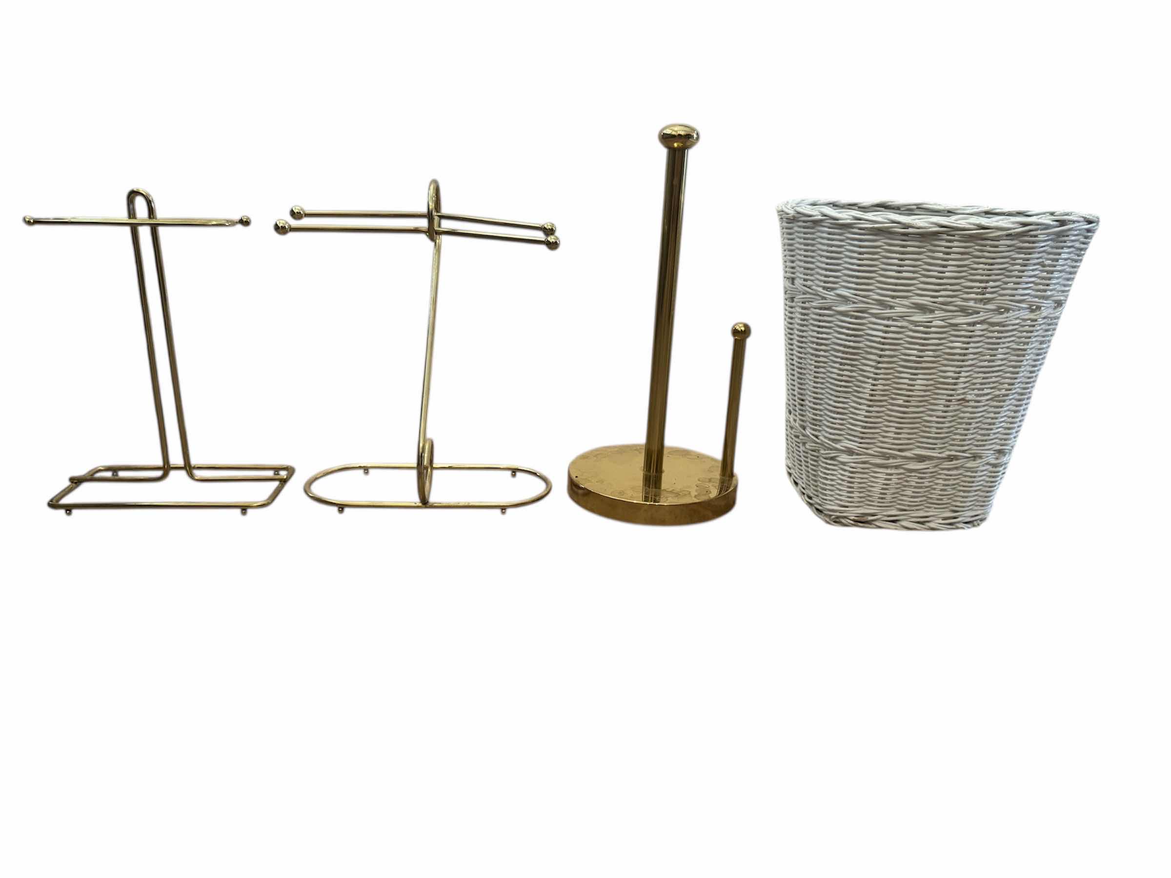 Photo 1 of 40
4- ASSORTED BATHROOM ESSENTIALS, WHITE WICKER BASKET, BRASS METAL GOLD-TONE TOWEL RACKS 

H11” AND SMALLER