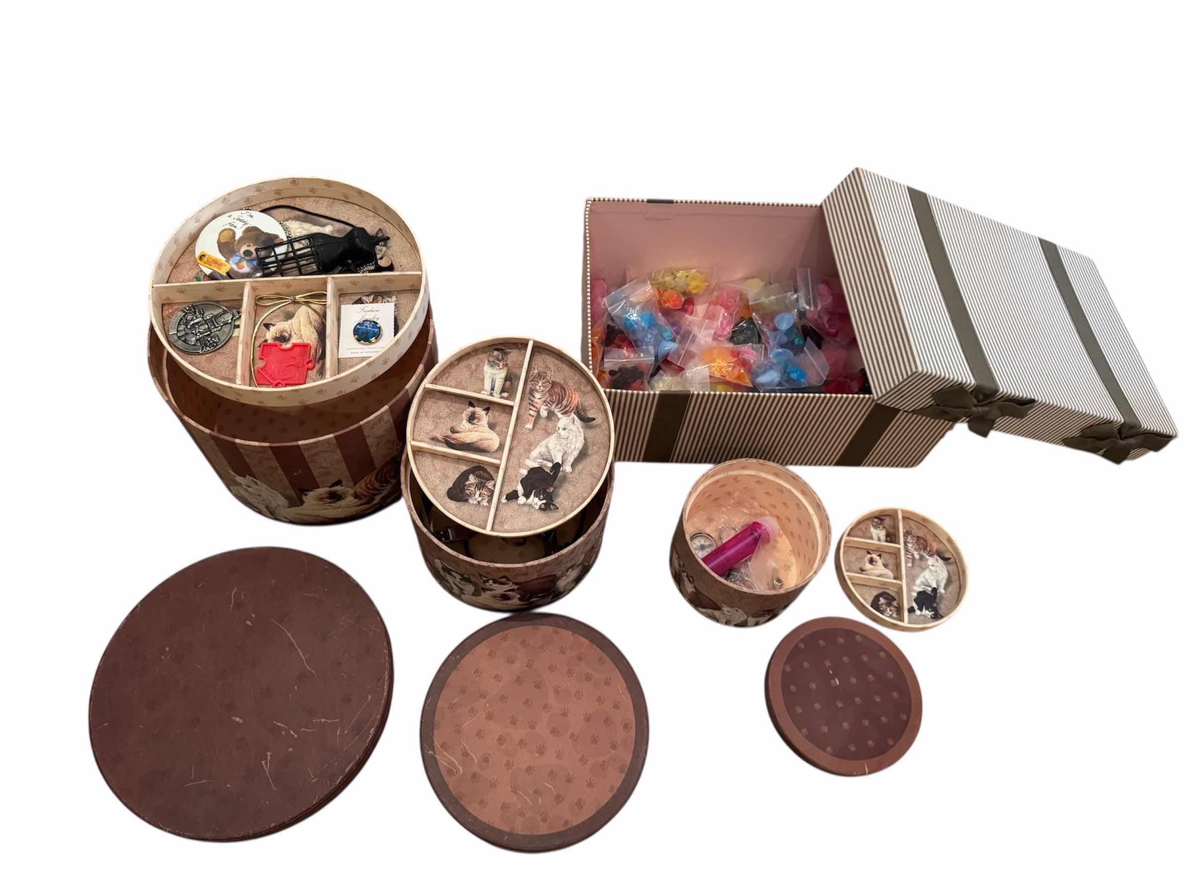 Photo 1 of 65
4- VINTAGE ASSORTED STORAGE BASKETS, CAT DESIGN AND STRIPED WITH BOWS

H6” AND SMALLER