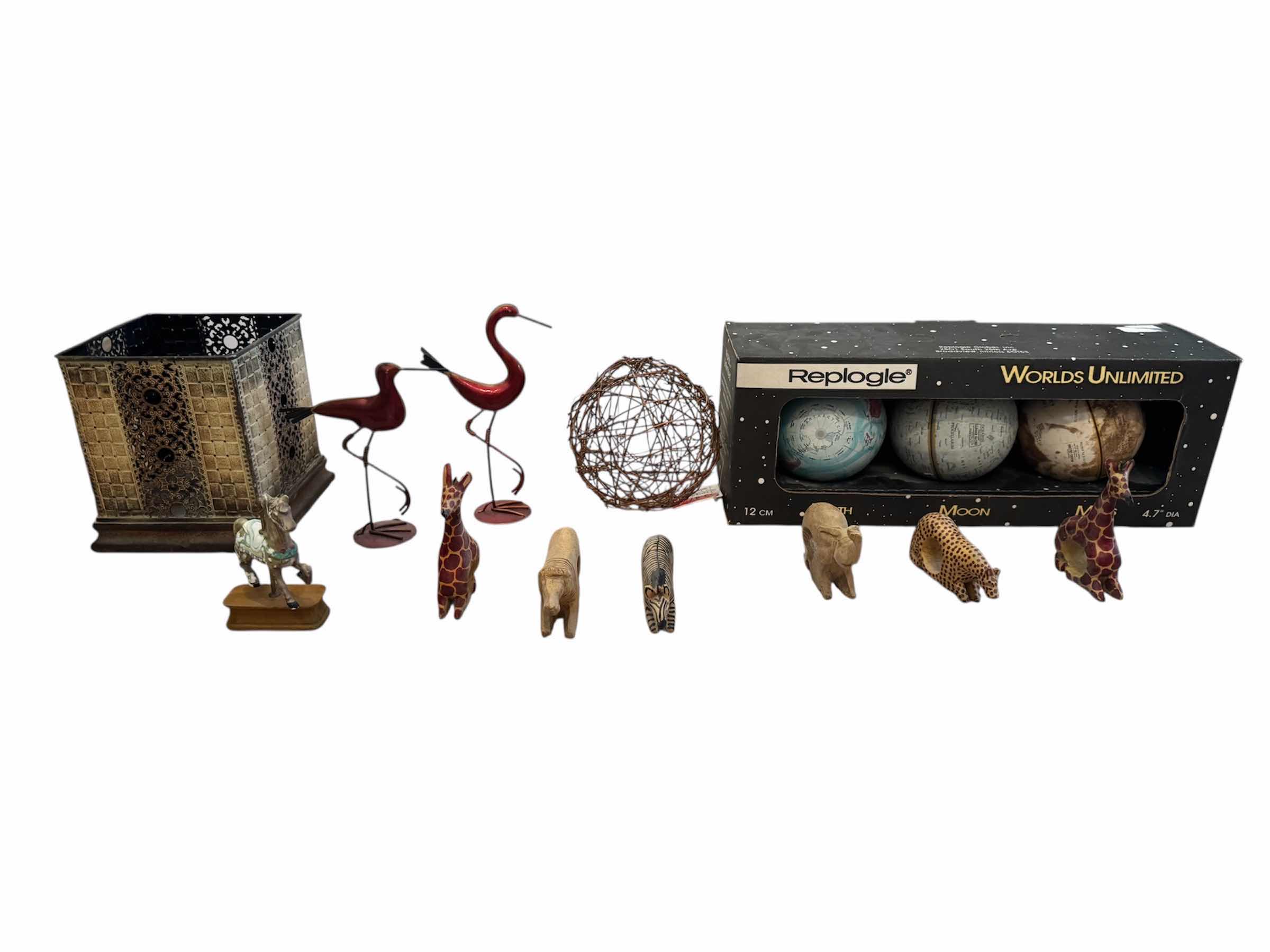 Photo 1 of 62
ASSORTED HOME DECOR, WOODEN CARVED AMINAL FIGURINES, METAL BIRD FIGURINES, METAL/WOOD BASKET, AND EARTH, MOON, MARS GLOBES.

H7” AND SMALLER