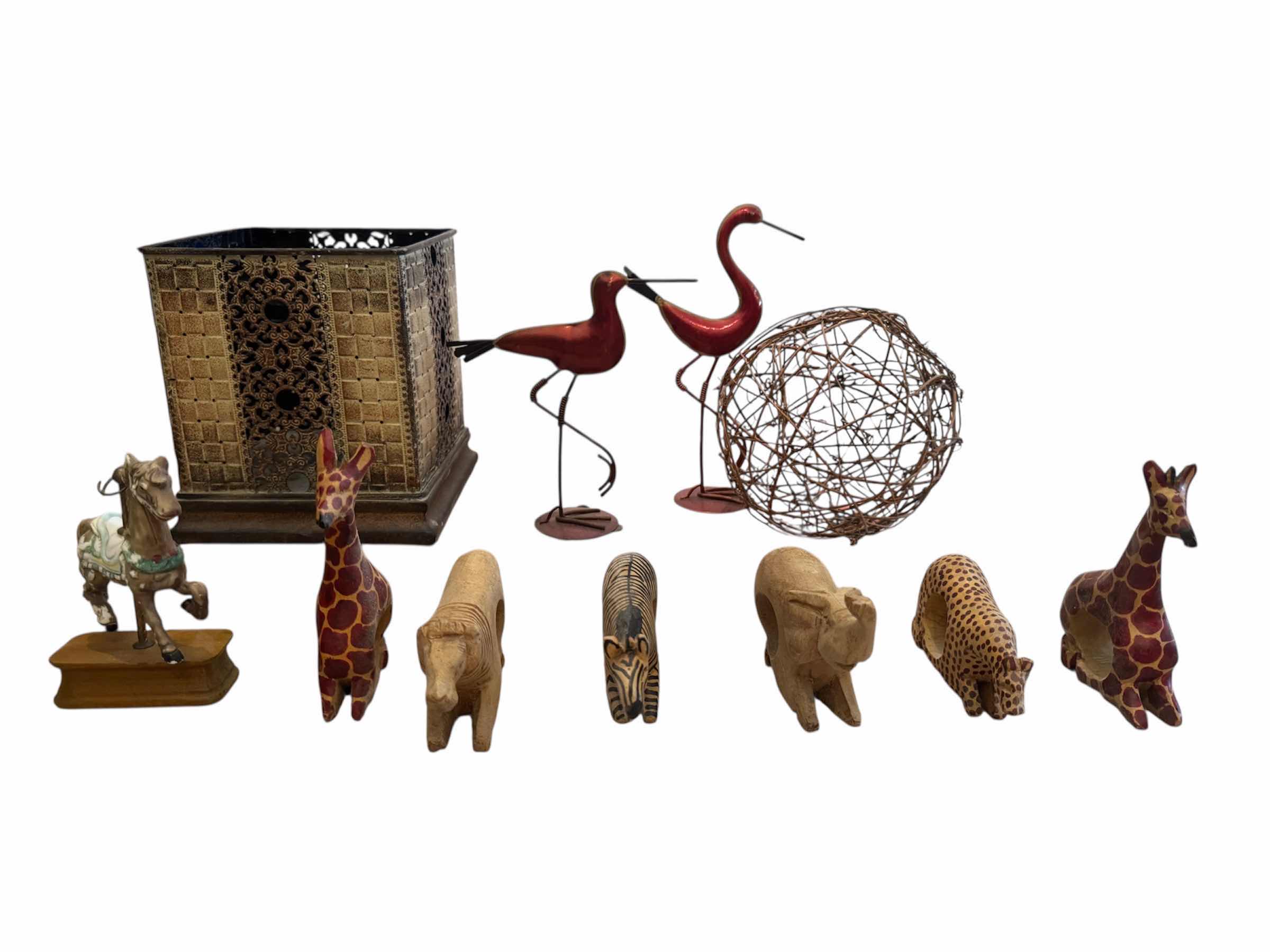 Photo 1 of 62
ASSORTED HOME DECOR, WOODEN CARVED AMINAL FIGURINES, METAL BIRD FIGURINES, METAL/WOOD BASKET, AND EARTH, MOON, MARS GLOBES.

H7” AND SMALLER