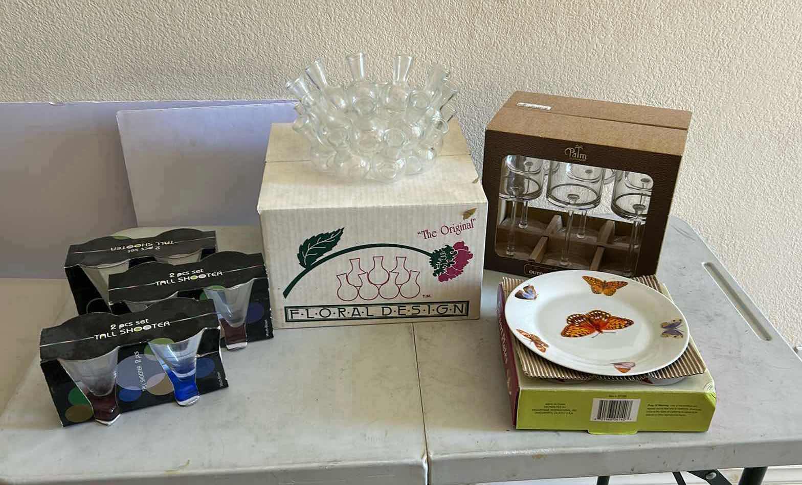 Photo 1 of 6- TALL SHOOTERS 4 PORCELAIN BUTTERFLY PLATES 6 OUTDOOR WINE GLASSES FLORAL SEVEN FLOWER ARRANGER