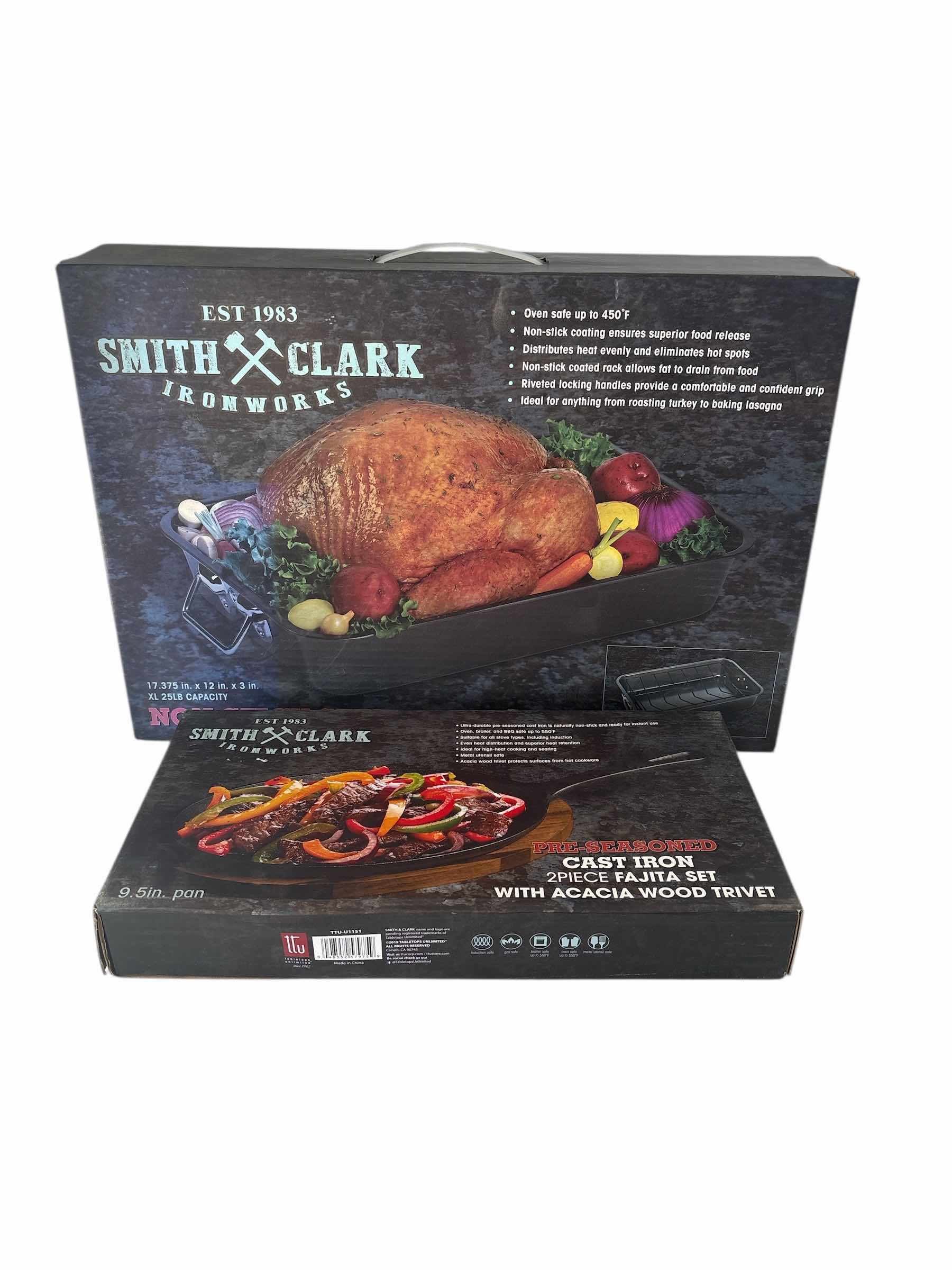 View 1 of NEW IN BOX SMITH AND CLARK ROASTER PAN 17”X12”X3”H CAST IRON SKILLETS 9.5”