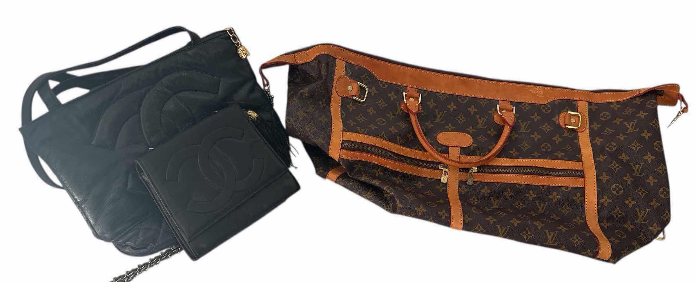 Photo 1 of VINTAGE FAUX CHANEL HANDBAGS 14” & FAUX LOUIS VUITTON DUFFEL BAG 24” (REPLICAS, NOT AUTHENTIC)