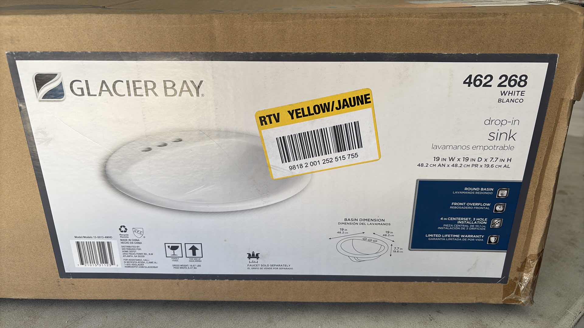 Photo 1 of GLACIER BAY DROP IN SINK 19X19x7.7