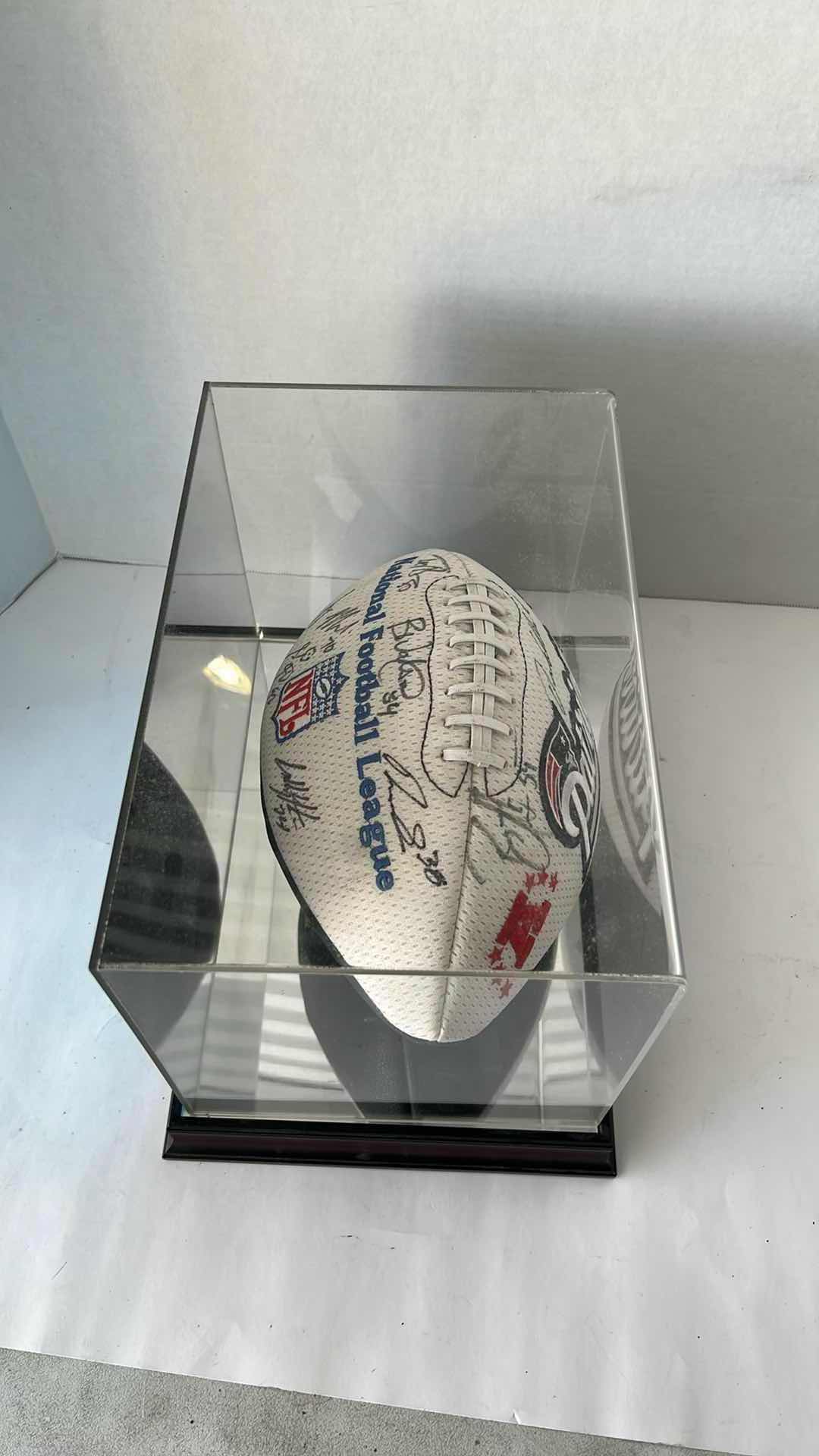 Photo 1 of AUTOGRAPHED NEW ENGLAND PATRIOTS NFL FOOTBALL IN PLASTIC CASE WITH MIRRORED BACK
