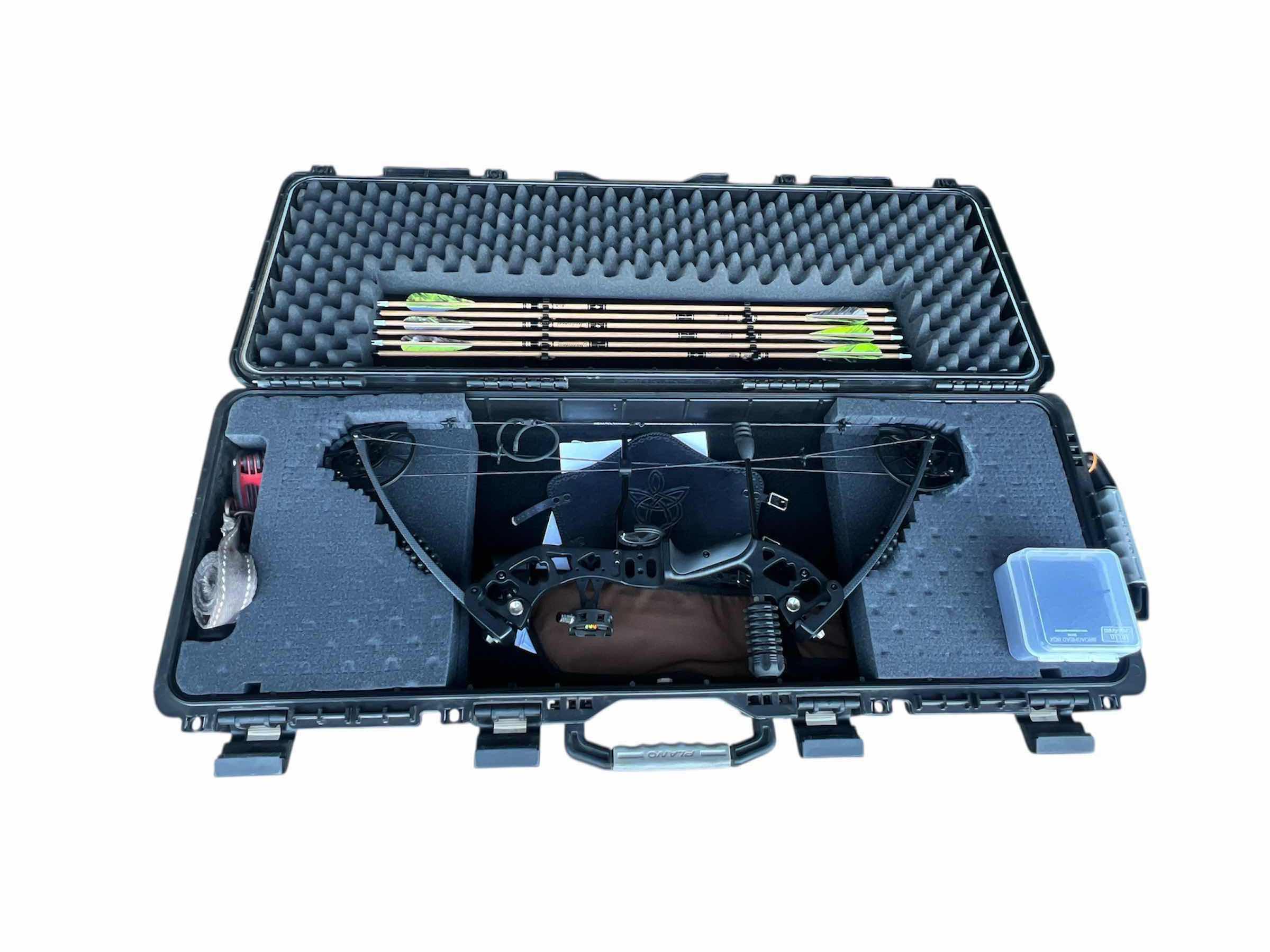 Photo 1 of PREDATOR ARCHERY RAPTOR COMPOUND BOW AND ARROW SET INCLUDING PLANO HARD CASE, 6-32" ARROWS, BOX OF BROADHEAD ARROW TIPS, 3 RIVERS ARCHERY ARROW HOLDER, AND LEATHER ARM COVER. ALLEN WRENCH SET.