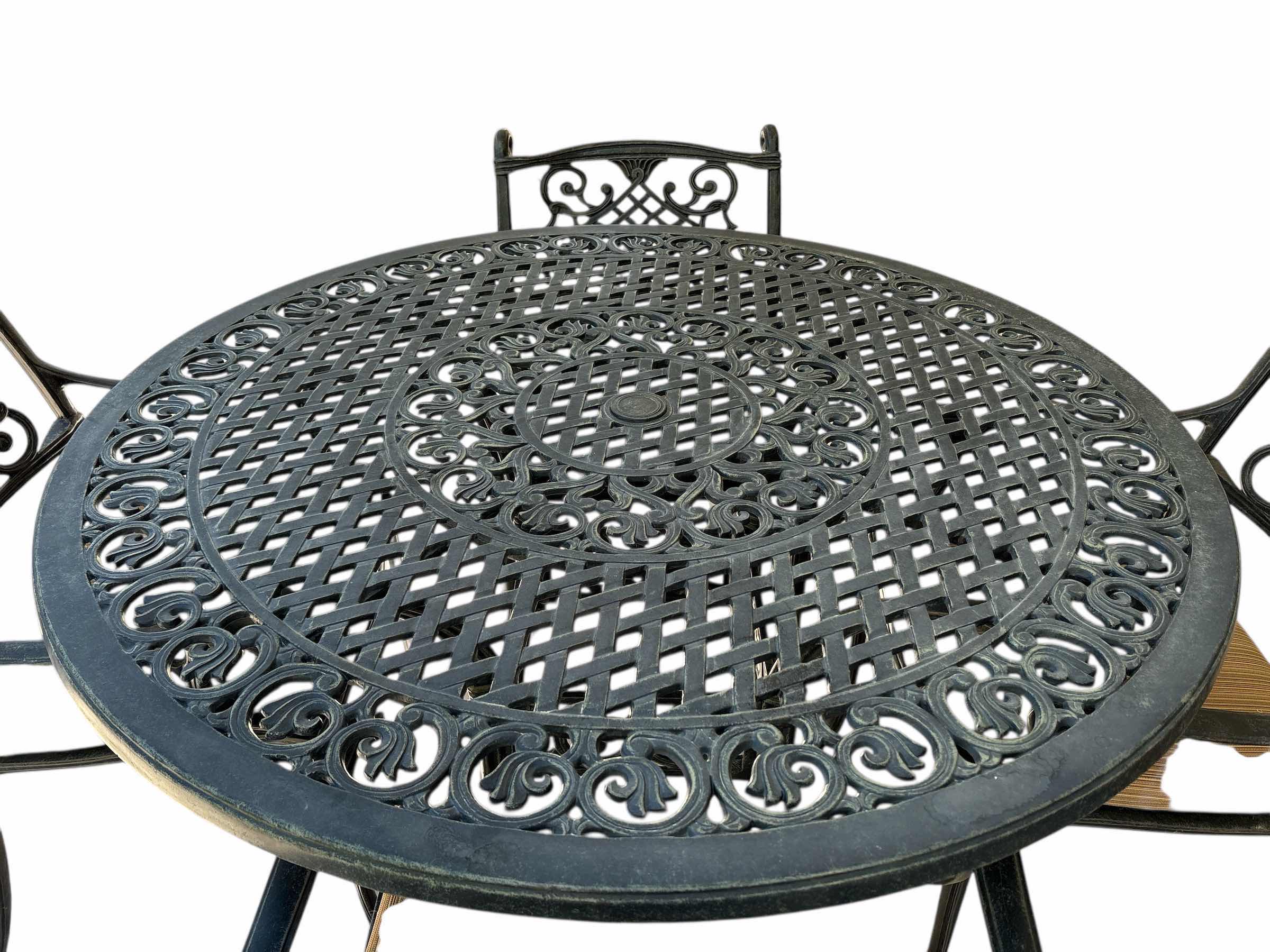 Photo 1 of 48” CAST ALUMINUM OUTDOOR PATIO SET TABLE WITH FOUR CHAIRS H30” EST VALUE $490