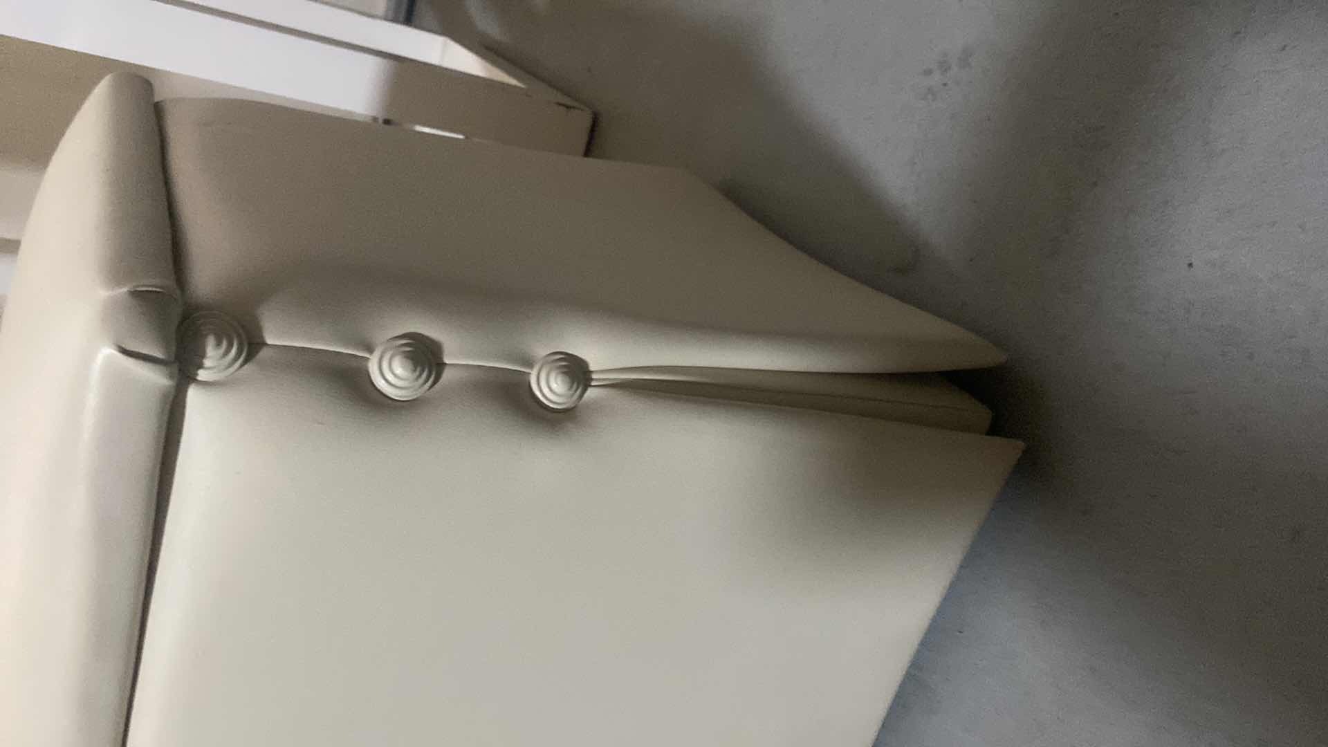 Photo 1 of BONDED CREAM COLOR LEATHER SKIRTED OTTOMAN / FOOT STOOL WITH BUTTON DETAILS FROM WYNN LAS VEGAS 14 3/4“ X 16 3/4“