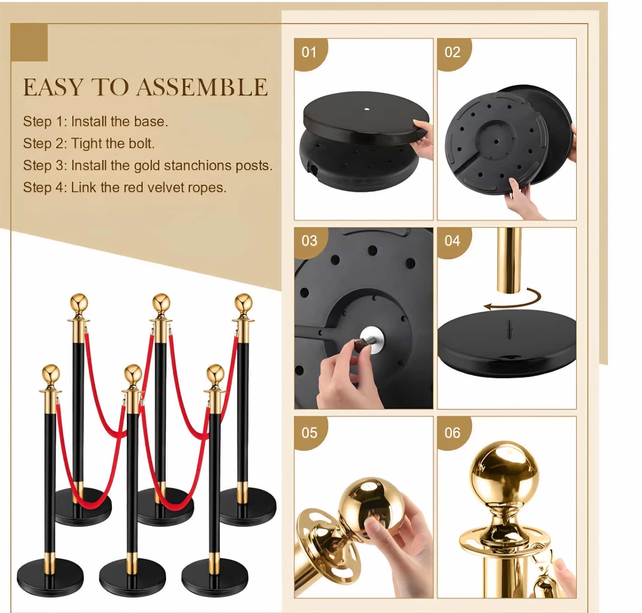 Photo 1 of PELOPY STANCION POSTS 6 BLACK WITH GOLD TRIM, 5 RED VELVET ROPES FOR PARTY / CROWD CONTROL - NO CARPET OR TAPE (2 SETS AVAILABLE, MORE VELVET ROPES AVAILABLE SOLD SEPARATELY)