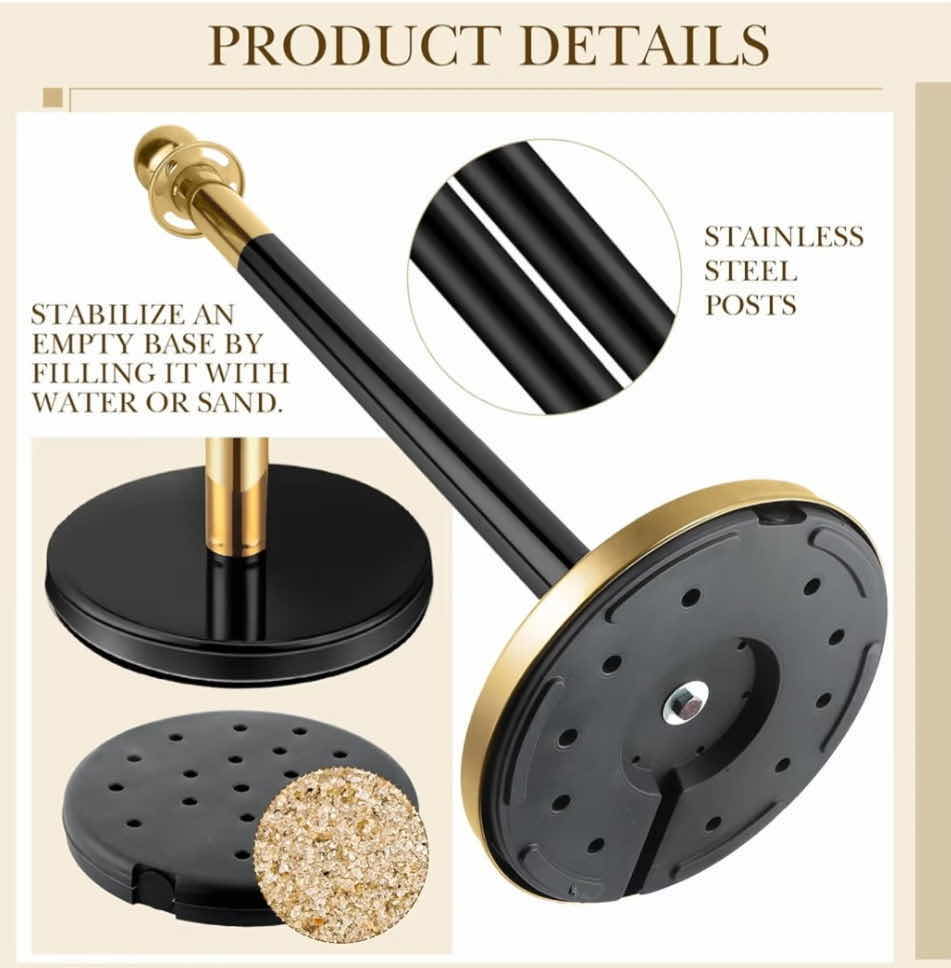 Photo 1 of PELOPY STANCION POSTS 6 BLACK WITH GOLD TRIM, 5 RED VELVET ROPES FOR PARTY / CROWD CONTROL - NO CARPET OR TAPE (2 SETS AVAILABLE, MORE VELVET ROPES AVAILABLE SOLD SEPARATELY)