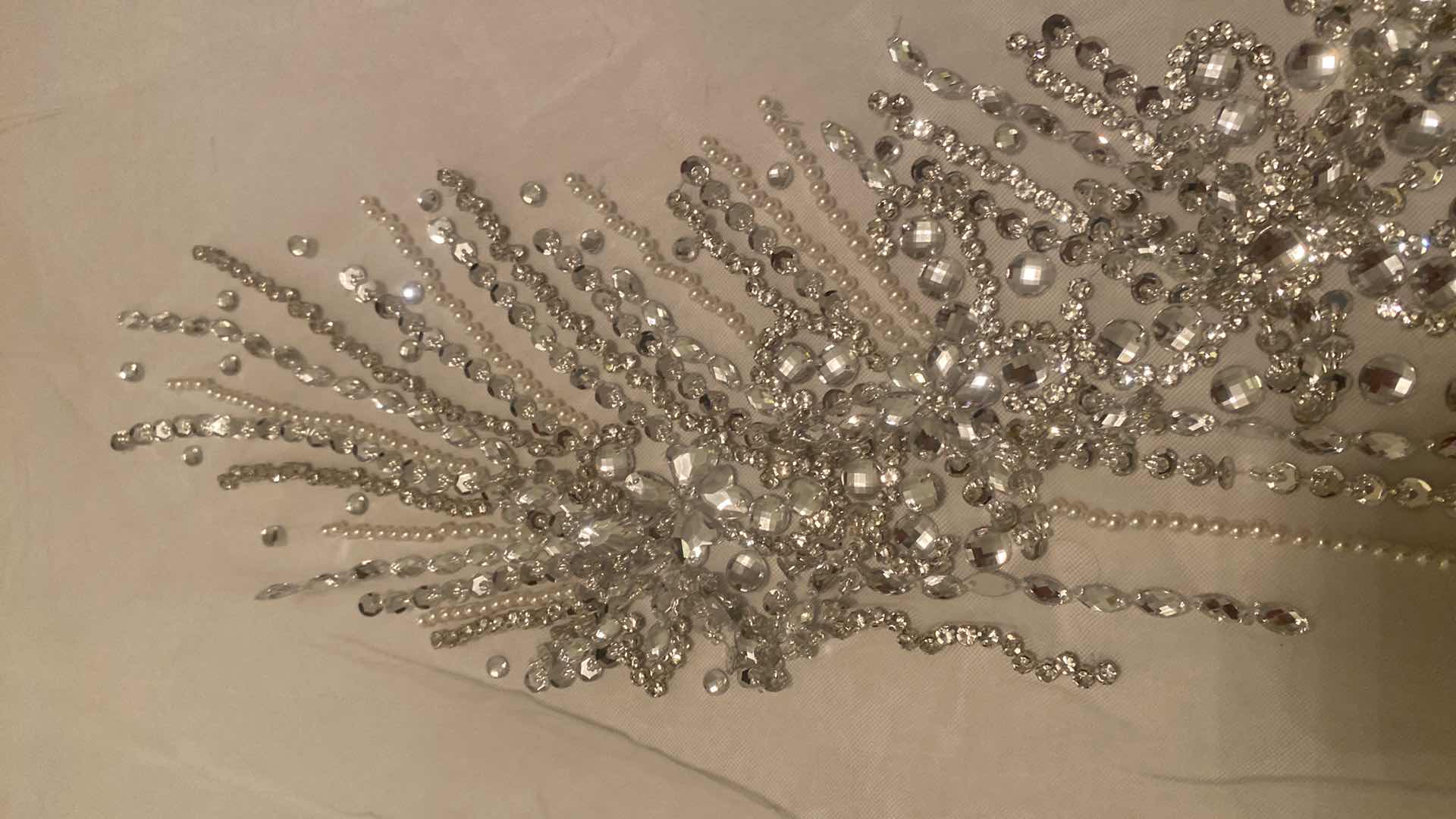 Photo 1 of LARGE HANDMADE RHINESTONE & PEARL APPLIQUÉ ON WHITE MESH FOR DRESS  OR JACKET  MEASUREMENT IS APPLICANT ONLY NOT INCLUDING THE MESH 13” X 22”