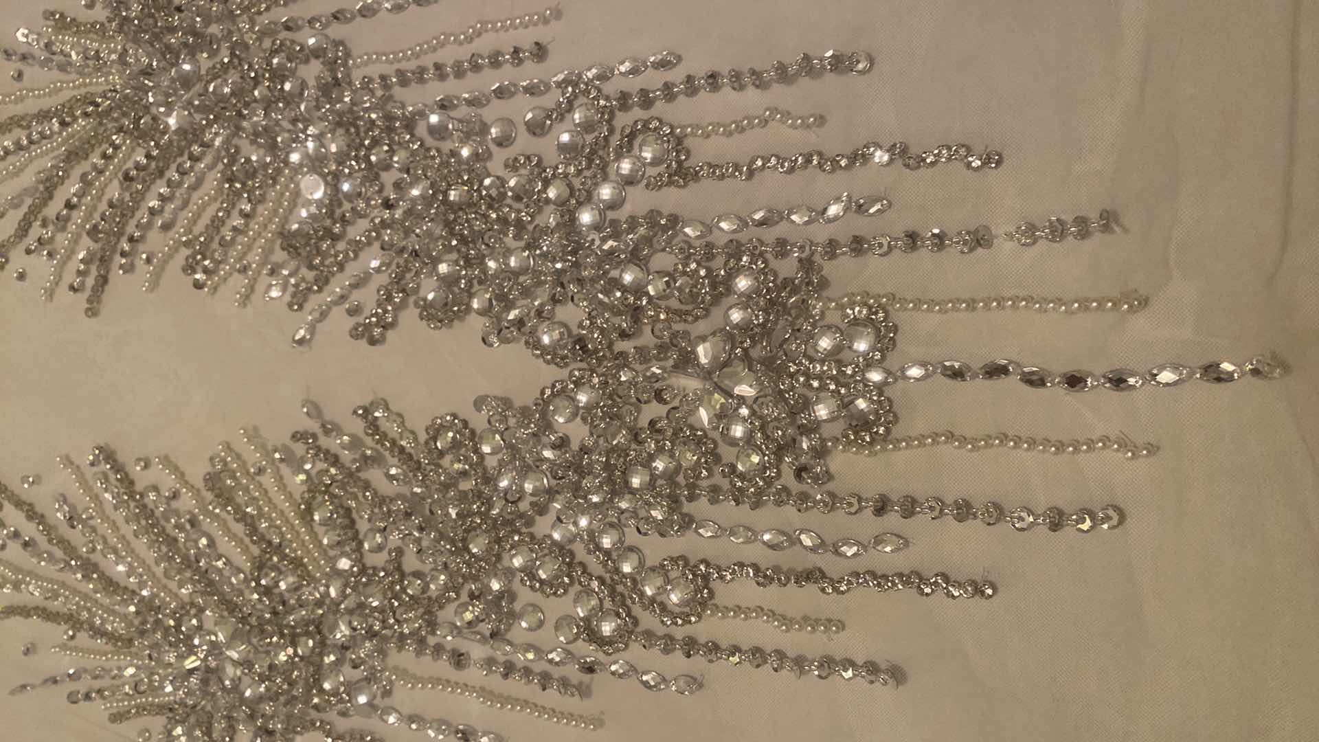 Photo 1 of LARGE HANDMADE RHINESTONE & PEARL APPLIQUÉ ON WHITE MESH FOR DRESS  OR JACKET  MEASUREMENT IS APPLICANT ONLY NOT INCLUDING THE MESH 13” X 22”