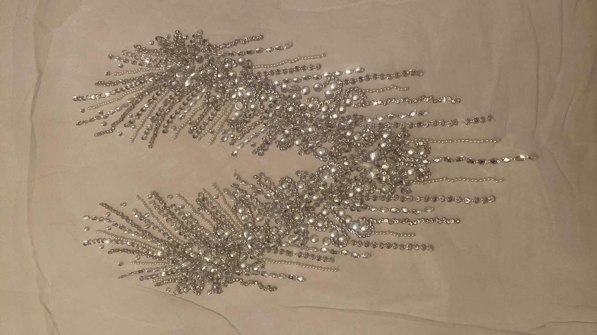 Photo 1 of LARGE HANDMADE RHINESTONE & PEARL APPLIQUÉ ON WHITE MESH FOR DRESS  OR JACKET  MEASUREMENT IS APPLICANT ONLY NOT INCLUDING THE MESH 13” X 22”