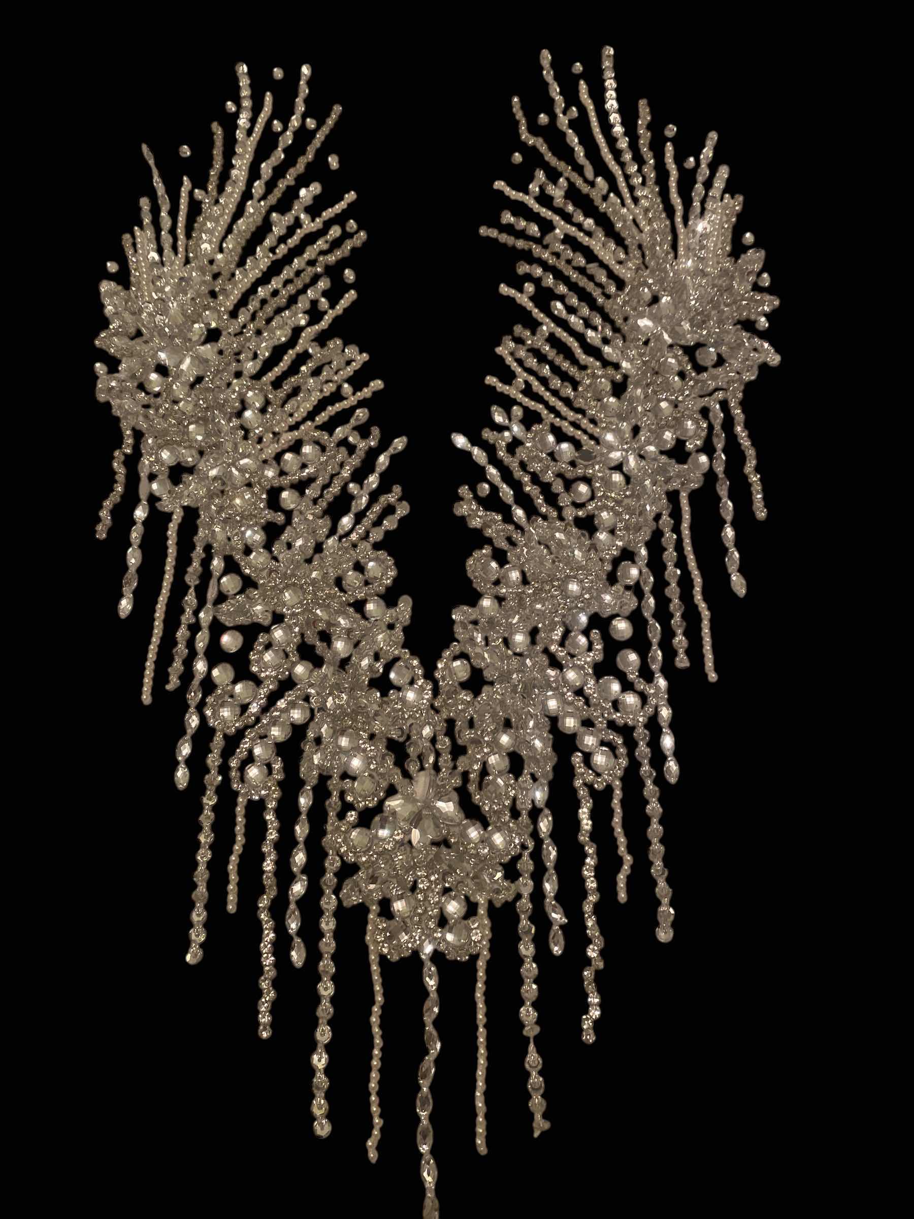 Photo 1 of LARGE HANDMADE RHINESTONE & PEARL APPLIQUÉ ON WHITE MESH FOR DRESS  OR JACKET  MEASUREMENT IS APPLICANT ONLY NOT INCLUDING THE MESH 13” X 22”
