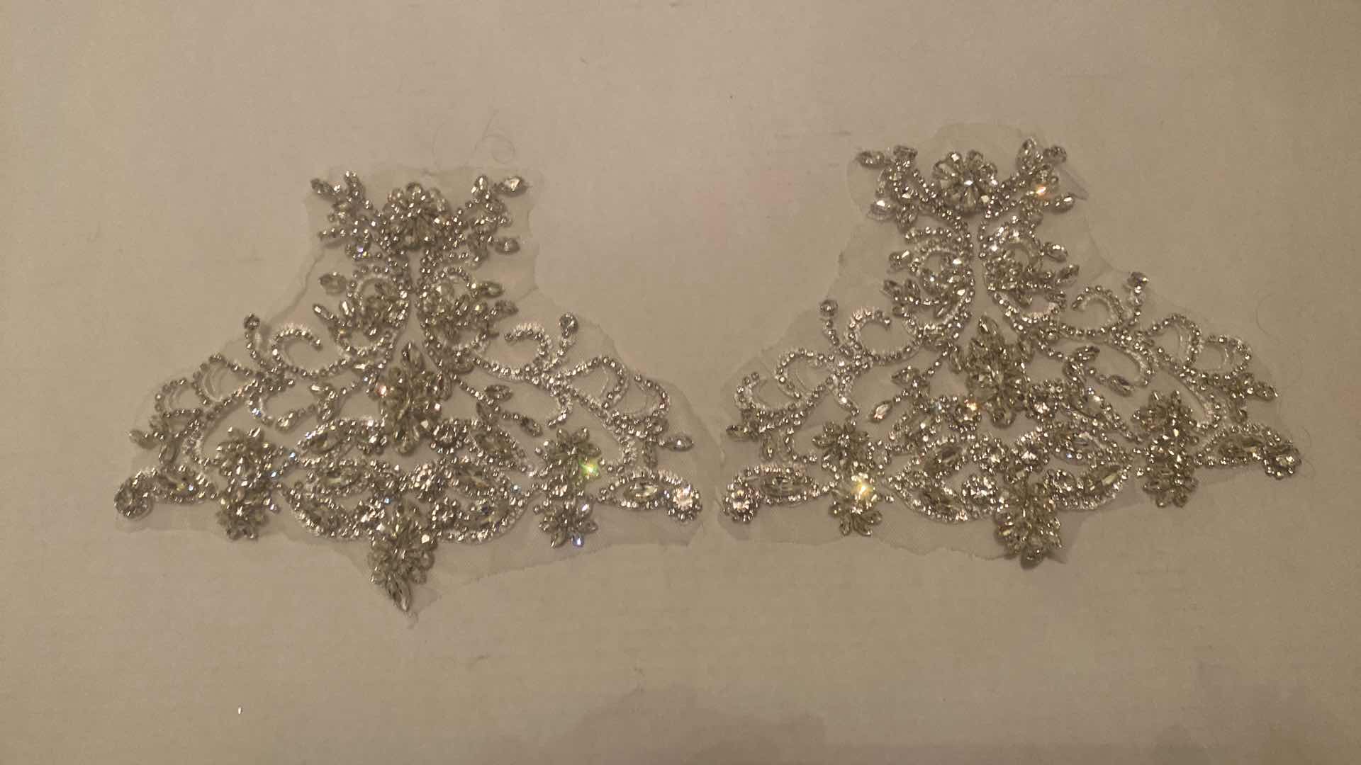 Photo 1 of 2 - HANDMADE RHINESTONE APPLIQUÉS ON WHITE MESH FOR HAT, DRESS, SHIRT OR JACKET  MEASUREMENT IS APPLIQUÉ ONLY NOT INCLUDING THE MESH, EACH MEASURES 8 1/4“ X 6 1/2“