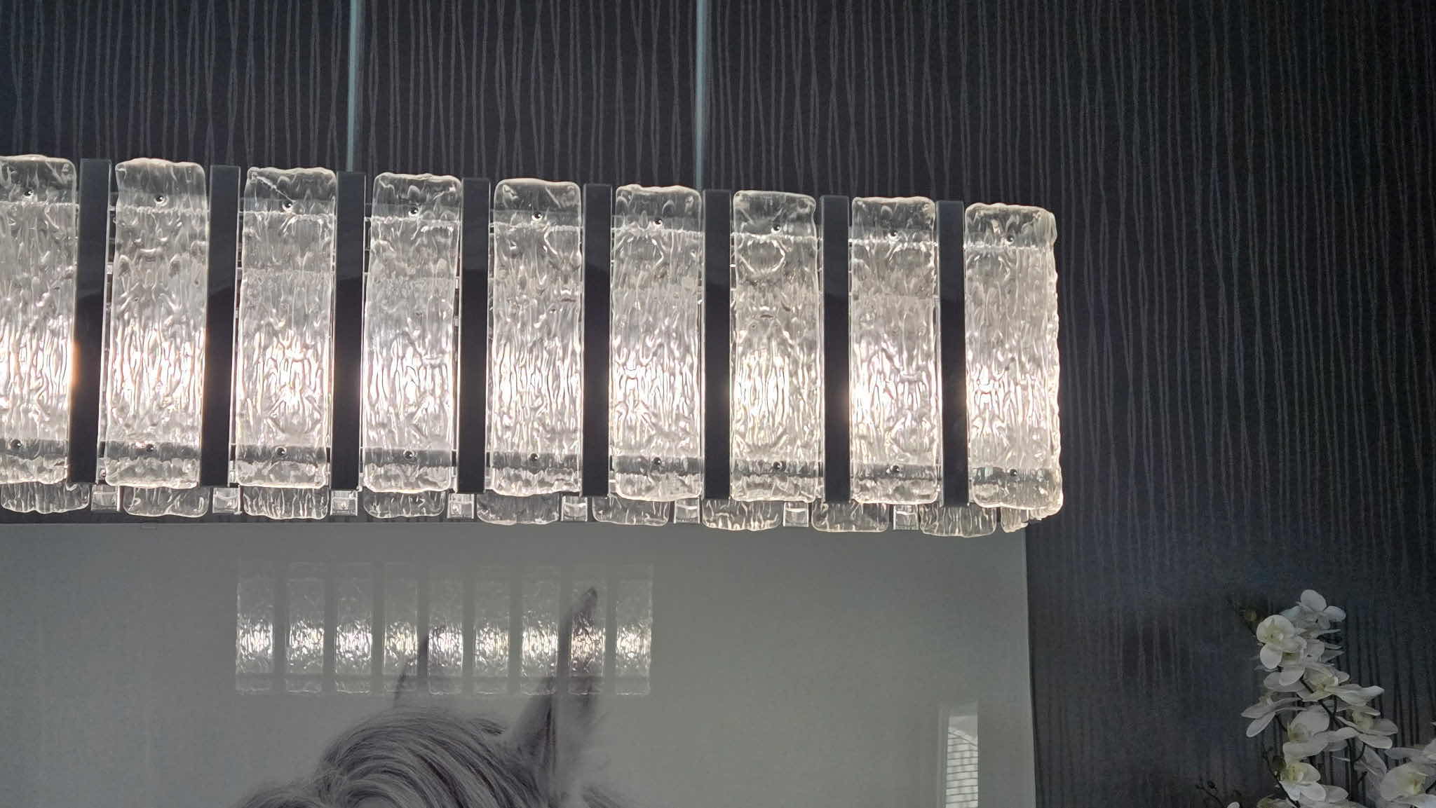 Photo 1 of CONTEMPORARY 9 LIGHT LINEAR GLACIER GLASS ISLAND CHANDELIER WITH CHROME FINISH FIXTURE 36” X 7 3/4” H10 1/4”, OVERALL HEIGHT AS SHOWN 5’ (4 rods 12” each, can adjust by removing rod.)
