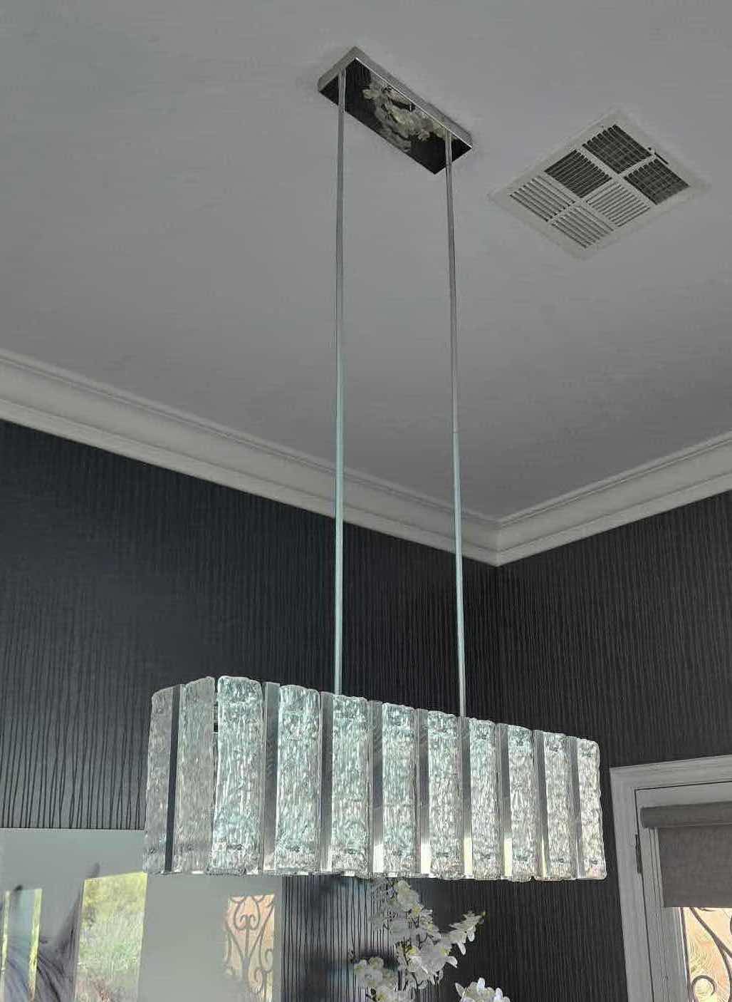 Photo 1 of CONTEMPORARY 9 LIGHT LINEAR GLACIER GLASS ISLAND CHANDELIER WITH CHROME FINISH FIXTURE 36” X 7 3/4” H10 1/4”, OVERALL HEIGHT AS SHOWN 5’ (4 rods 12” each, can adjust by removing rod.)