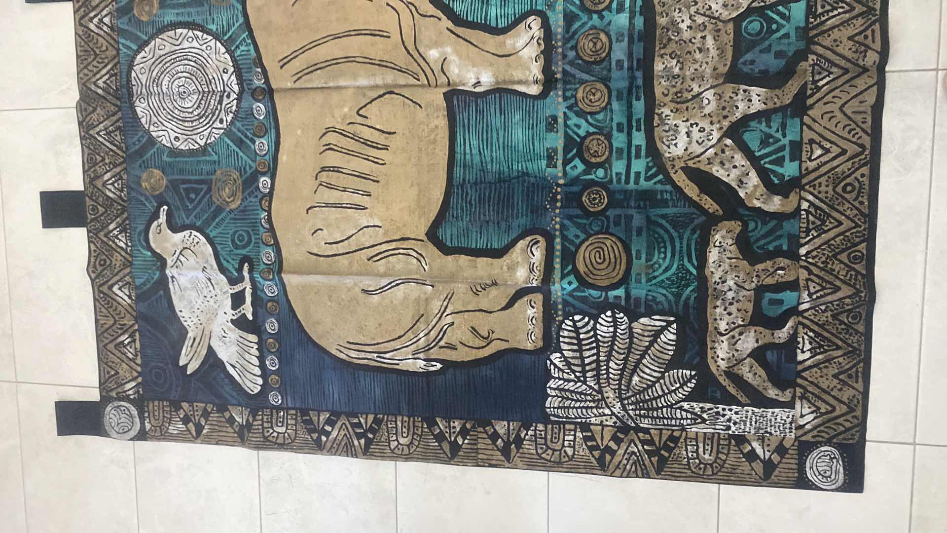 Photo 1 of VINTAGE MIXED MEDIA ORIGINAL PAINTED RHINO & LIONESSES ON FABRIC SIGNED, PURCHASED IN SOUTH AFRICA 5’ X 5’ EXCLUDING STRAPS