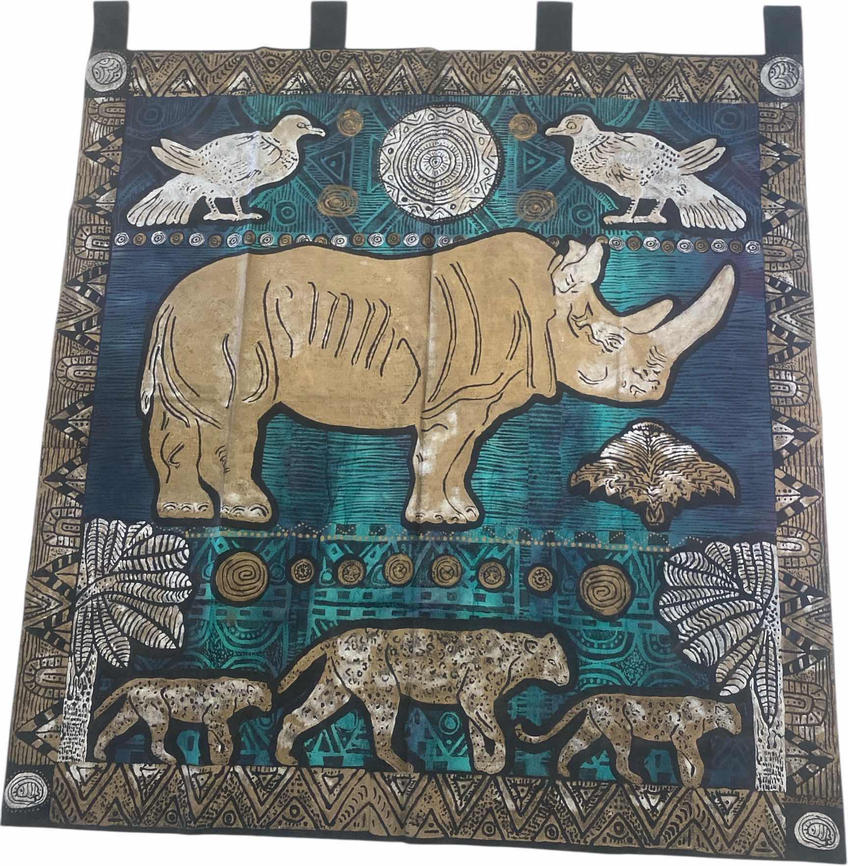 Photo 1 of VINTAGE MIXED MEDIA ORIGINAL PAINTED RHINO & LIONESSES ON FABRIC SIGNED, PURCHASED IN SOUTH AFRICA 5’ X 5’ EXCLUDING STRAPS