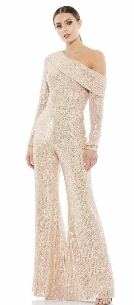 Photo 1 of WOMENS DESIGNER IEENA FOR MAC DUGGAL CHAMPAGNE COLOR SEQUIN JUMP SUIT- LONG SLEEVES 1 CUT OUT SHOULDER SIZE 8