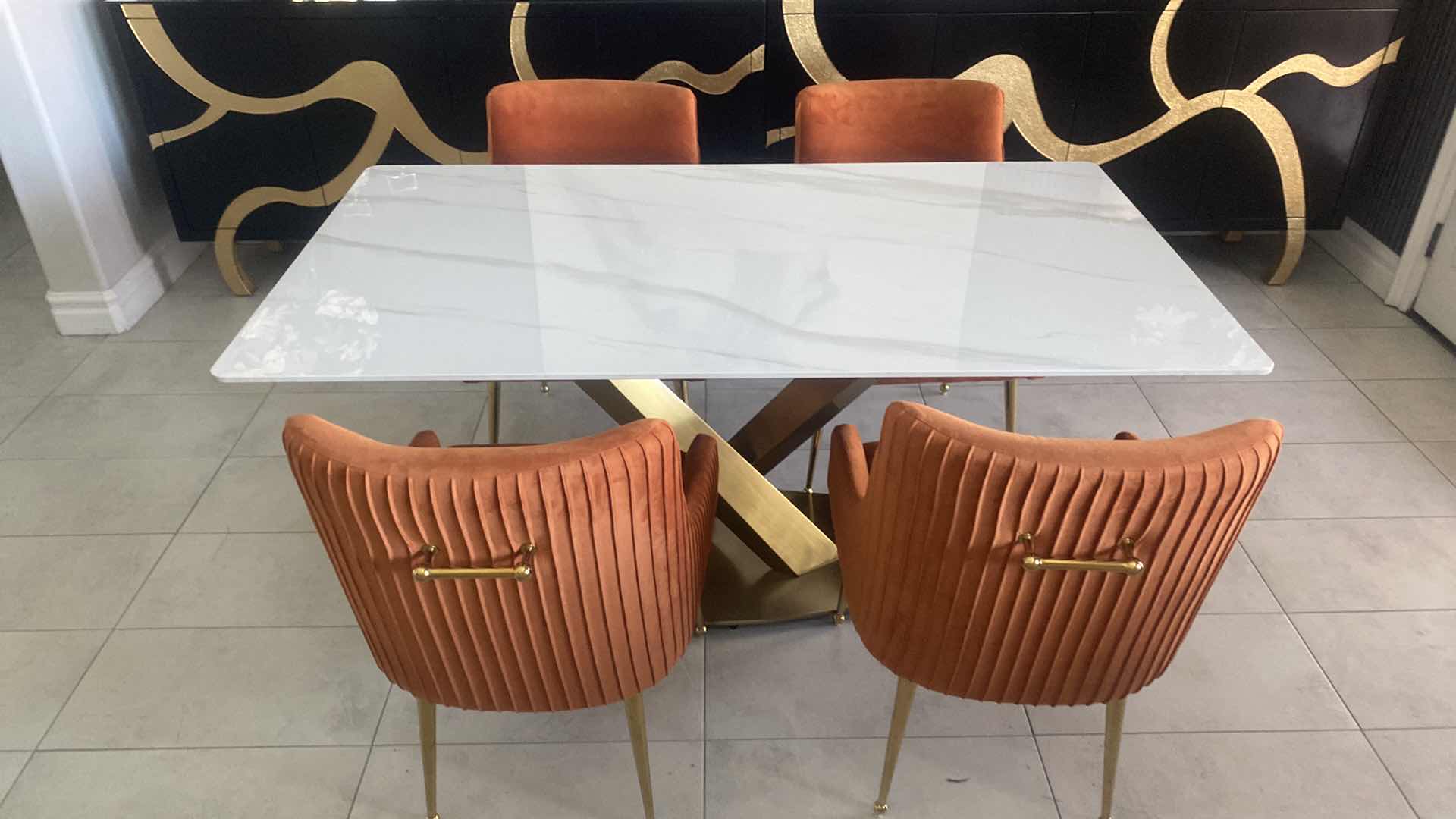 Photo 1 of LESLE RECTANGULAR SINTERED STONE TOP DINING TABLE WITH GOLD X-BASE BY ORREN ELLIS 29 1/2” X 63” H 30”  (CHAIRS NOT INCLUDED)