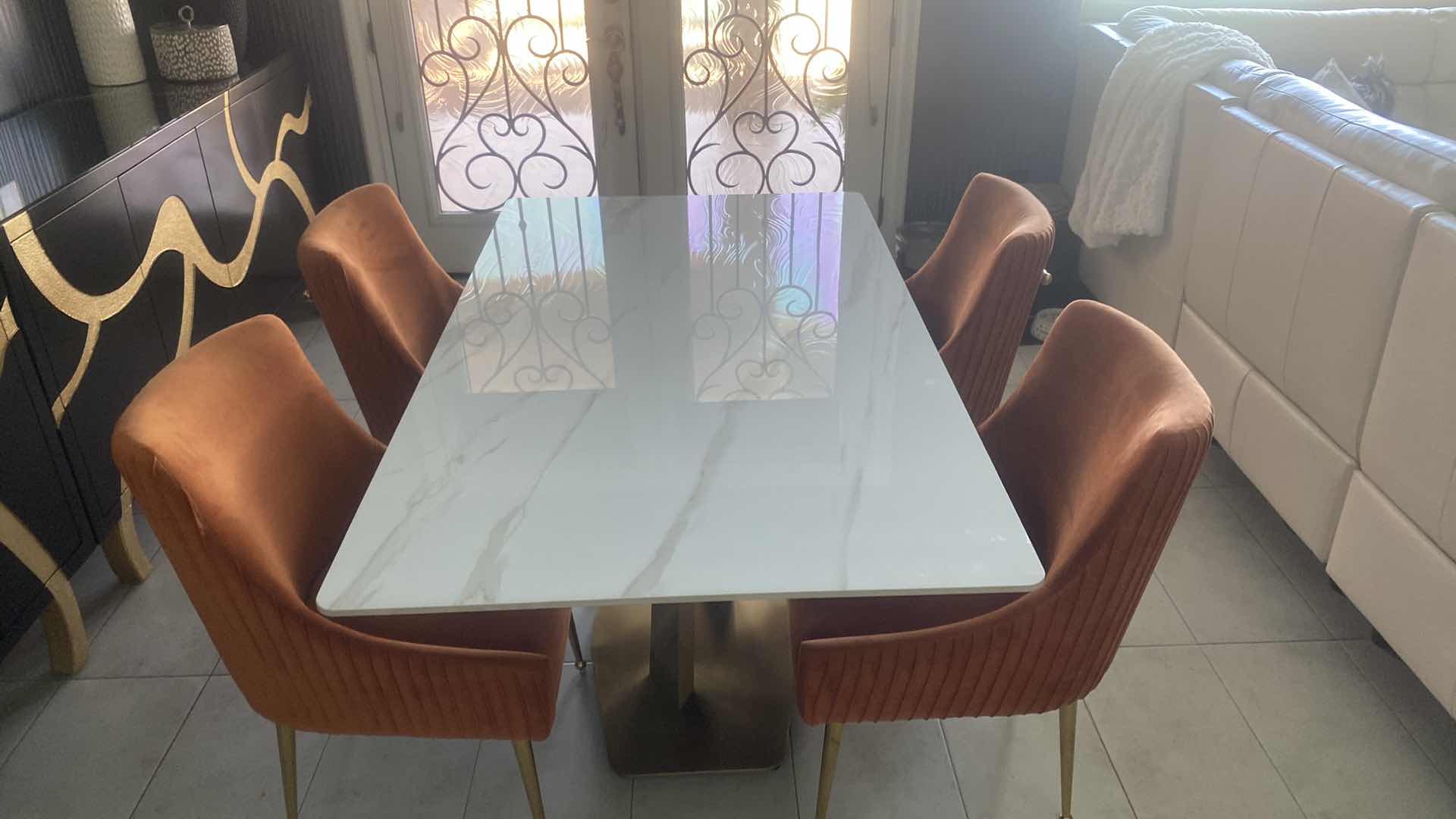 Photo 1 of LESLE RECTANGULAR SINTERED STONE TOP DINING TABLE WITH GOLD X-BASE BY ORREN ELLIS 29 1/2” X 63” H 30”  (CHAIRS NOT INCLUDED)