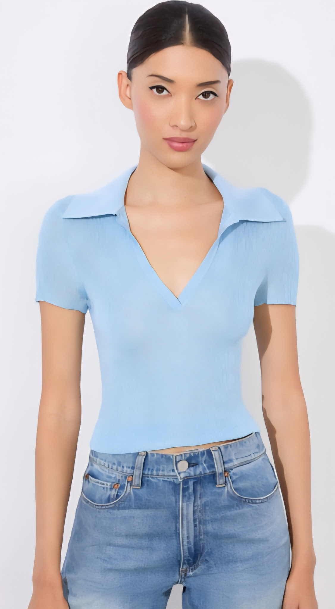 View 1 of WOMENS DESIGNER ALICE & OLIVIA MARTHA POLO KNIT CROP IN MINERAL BLUE SIZE MEDIUM