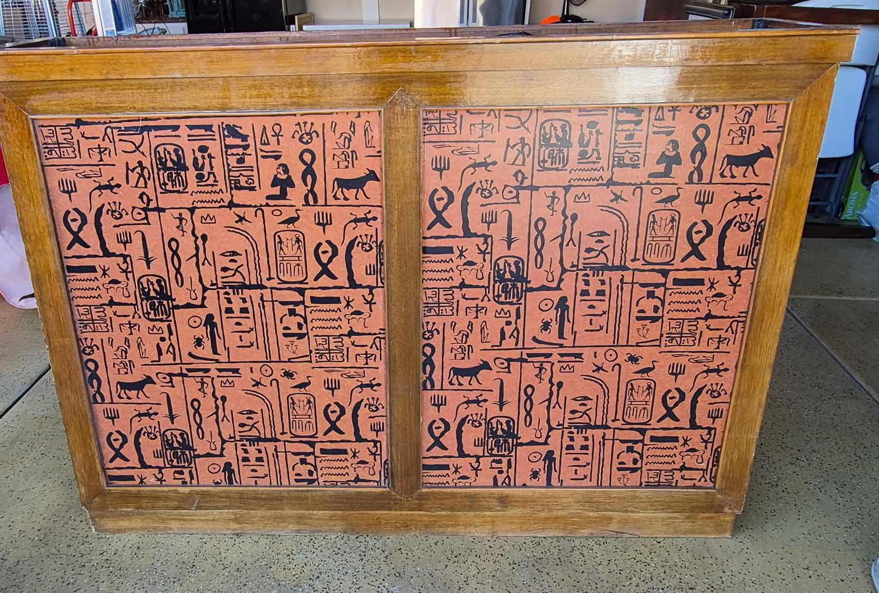 Photo 1 of UNIQUE SOLID WOOD BAR WITH FRONT & BACK HIEROGLYPHICS PANELS, NO STORAGE INSIDE BAR 62“ x 13“ H 45” (NO TOP)