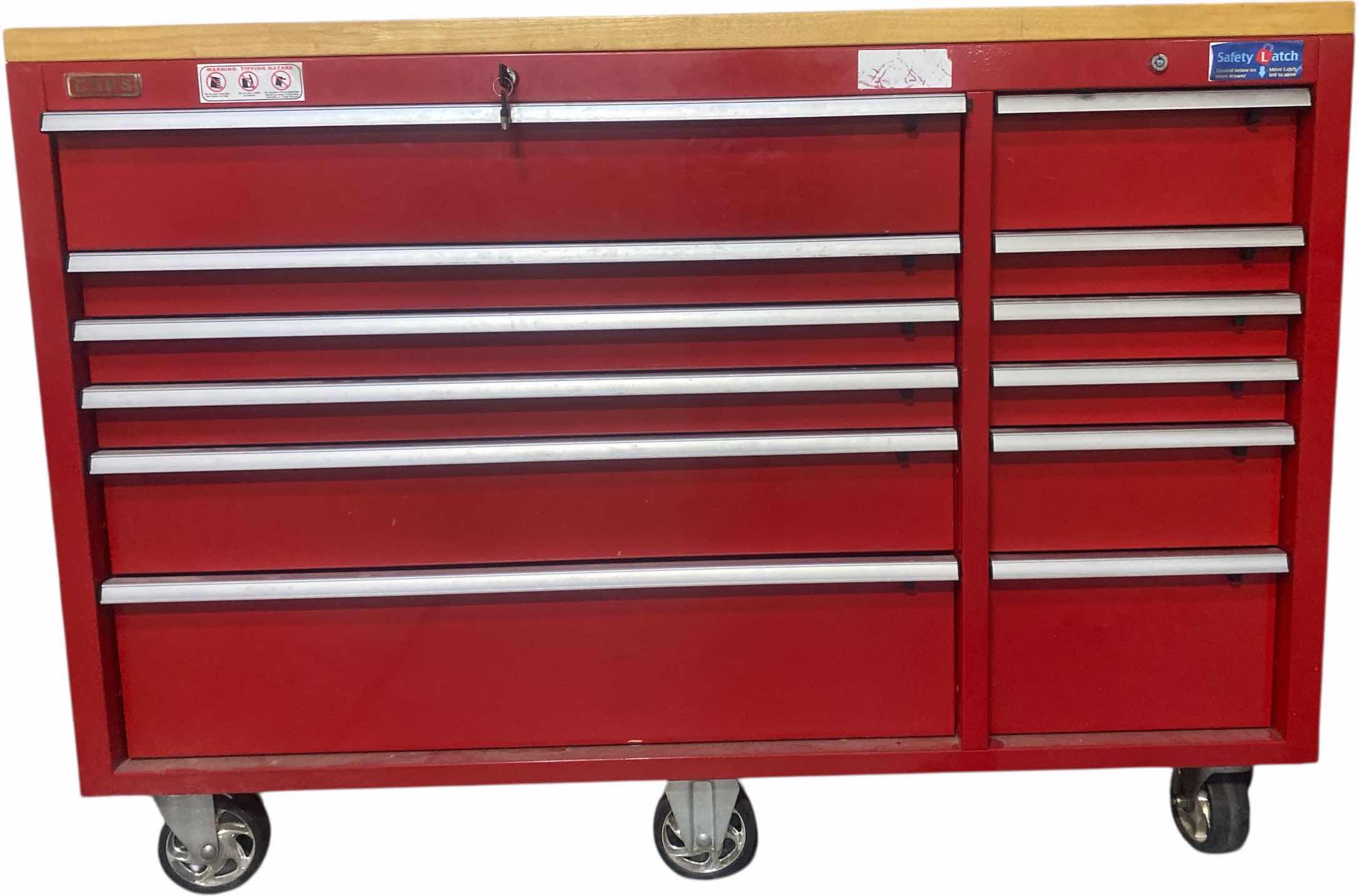 Photo 1 of CSPS METAL COMPANY ROLLING TOOL STORAGE WITH WOOD TOP, LINED DRAWERS, KEYS AND SIDE HANDLES INCLUDED, WITHOUT SIDE HANDLES MEASURES 56“ X 18“ H 40“