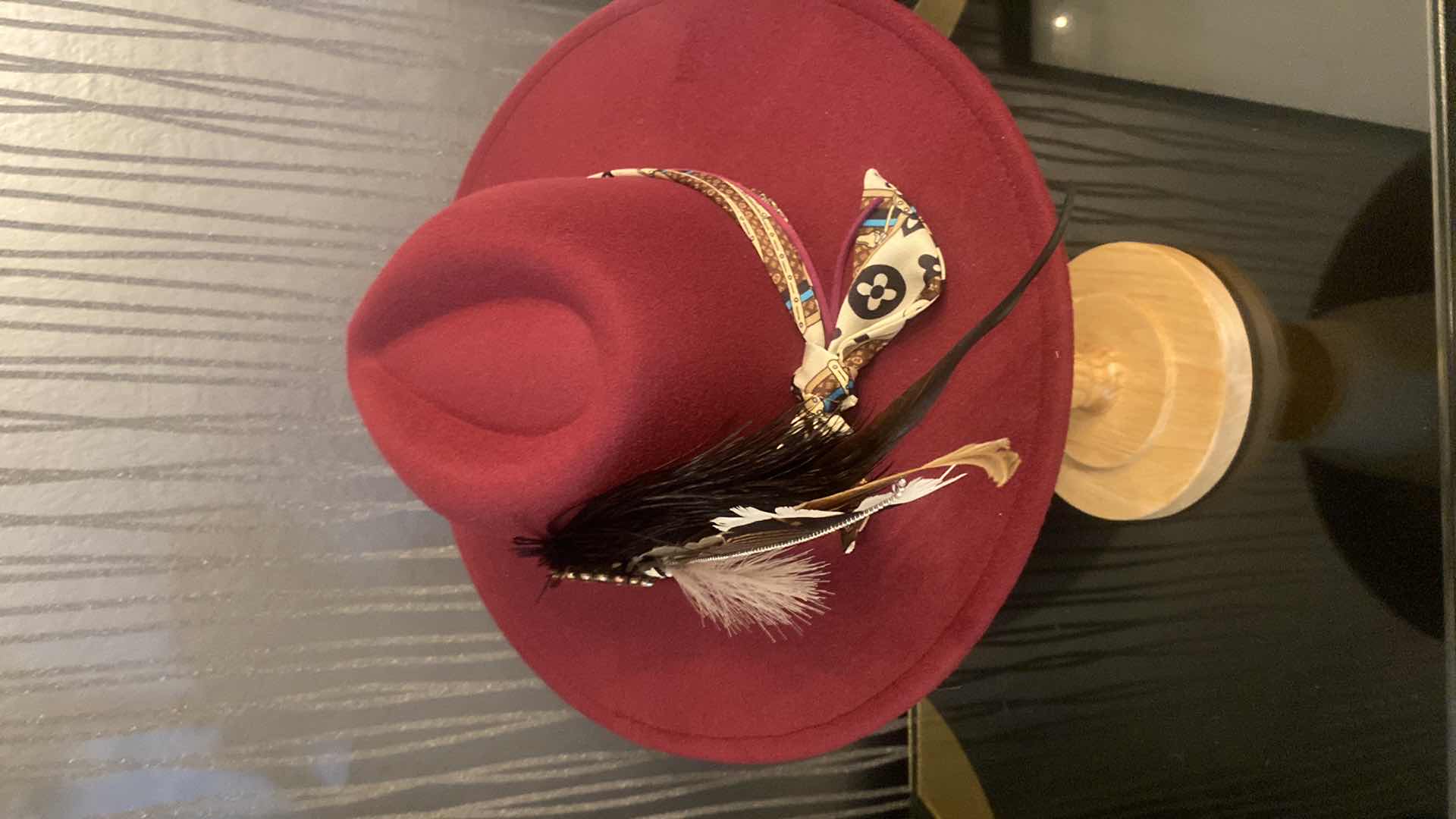 Photo 1 of NEW CUSTOM DECORATED BURGUNDY FEDORA WITH REAL LOUIS VUITTON EMBELLISHMENTS & BLING FEATHER, INTERIOR RIBBON TO ADJUST FIT (SCARF IS REPLICA)