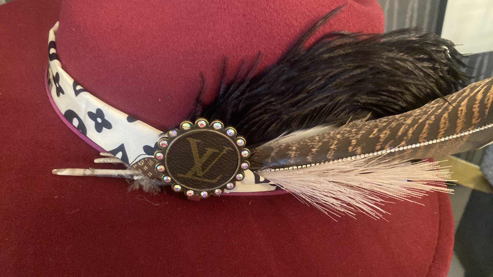 Photo 1 of NEW CUSTOM DECORATED BURGUNDY FEDORA WITH REAL LOUIS VUITTON EMBELLISHMENTS & BLING FEATHER, INTERIOR RIBBON TO ADJUST FIT (SCARF IS REPLICA)