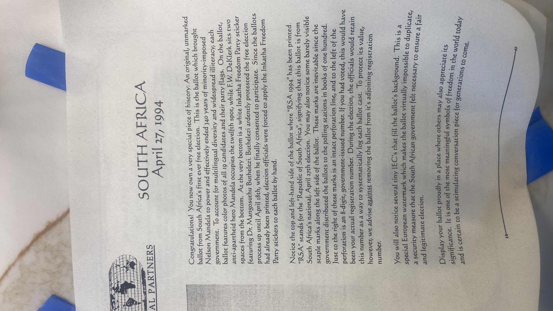 Photo 1 of NEW VINTAGE 1994 ORIGINAL UNMARKED BALLOT FROM SOUTH AFRICA’s FIRST EVER FREE ELECTION WITH DOCUMENTATION