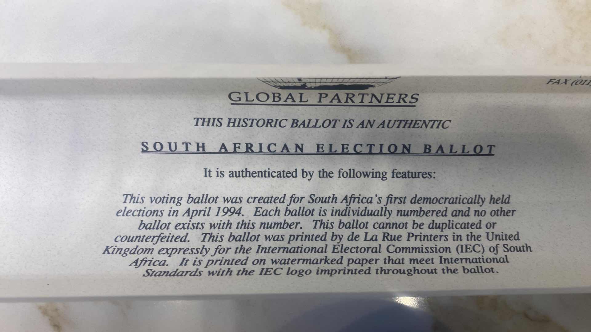 Photo 1 of NEW VINTAGE 1994 ORIGINAL UNMARKED BALLOT FROM SOUTH AFRICA’s FIRST EVER FREE ELECTION WITH DOCUMENTATION