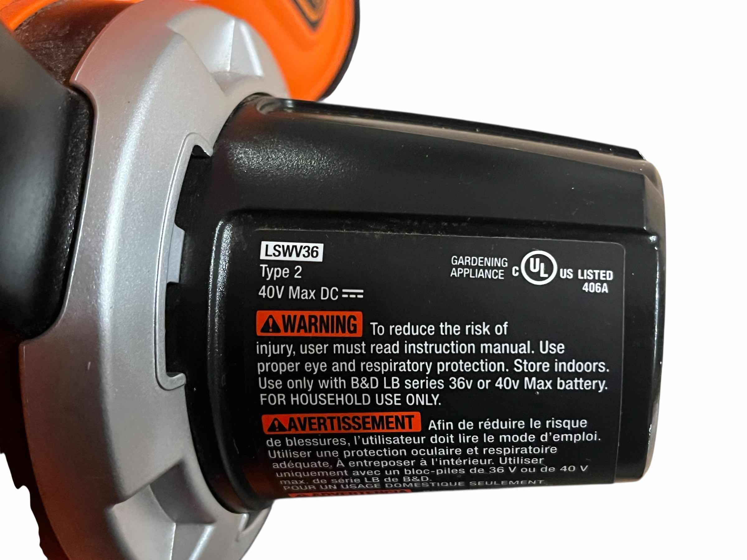 Photo 4 of BLACK & DECKER 40VOLT BLOWER/VACUUM LSWV36 W 40VOLT BATTERY & CHARGER