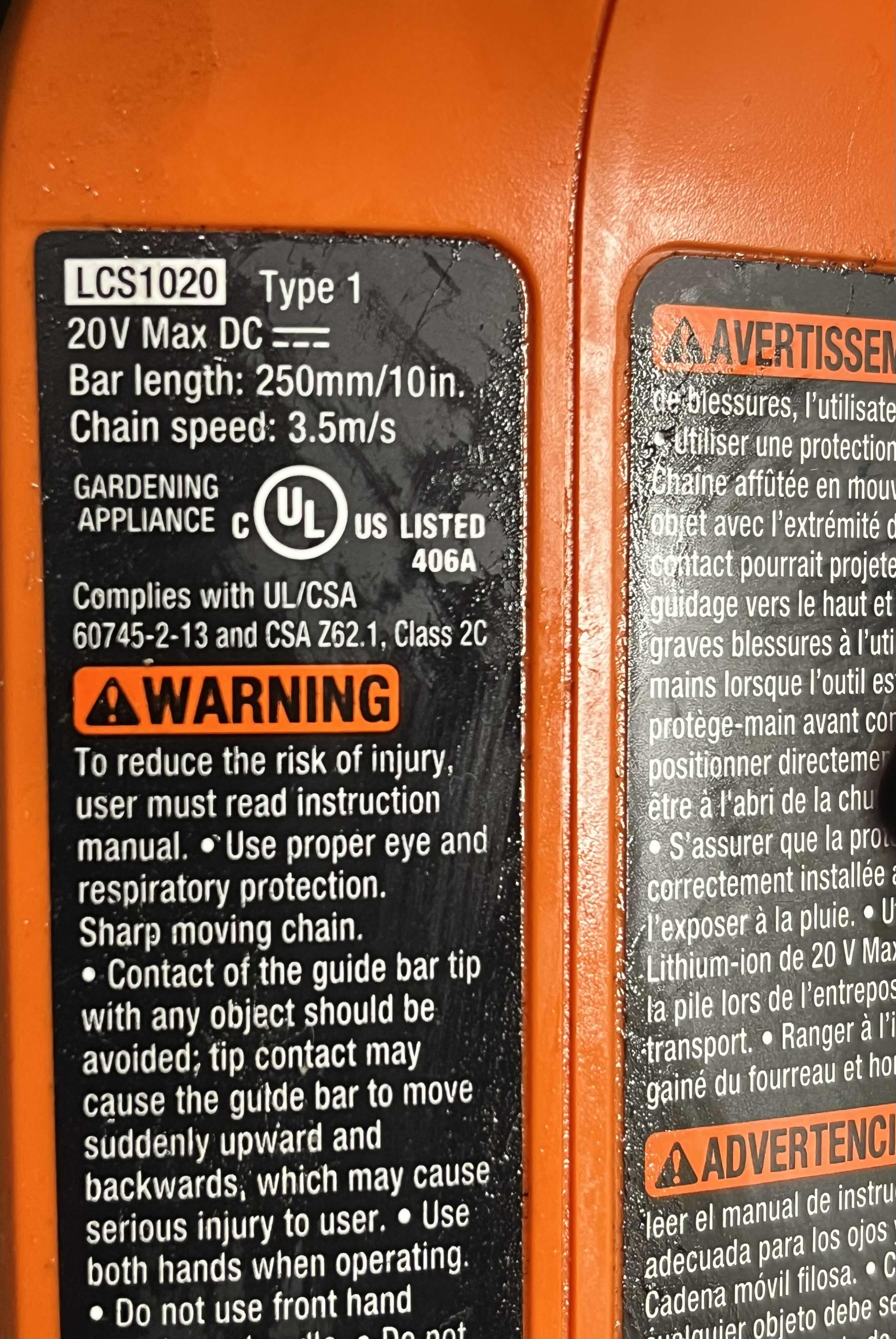 Photo 1 of BLACK & DECKER 10” 20VOLT MAX ELECTRIC CHAINSAW W 20VOLT BATTERY LCS1020