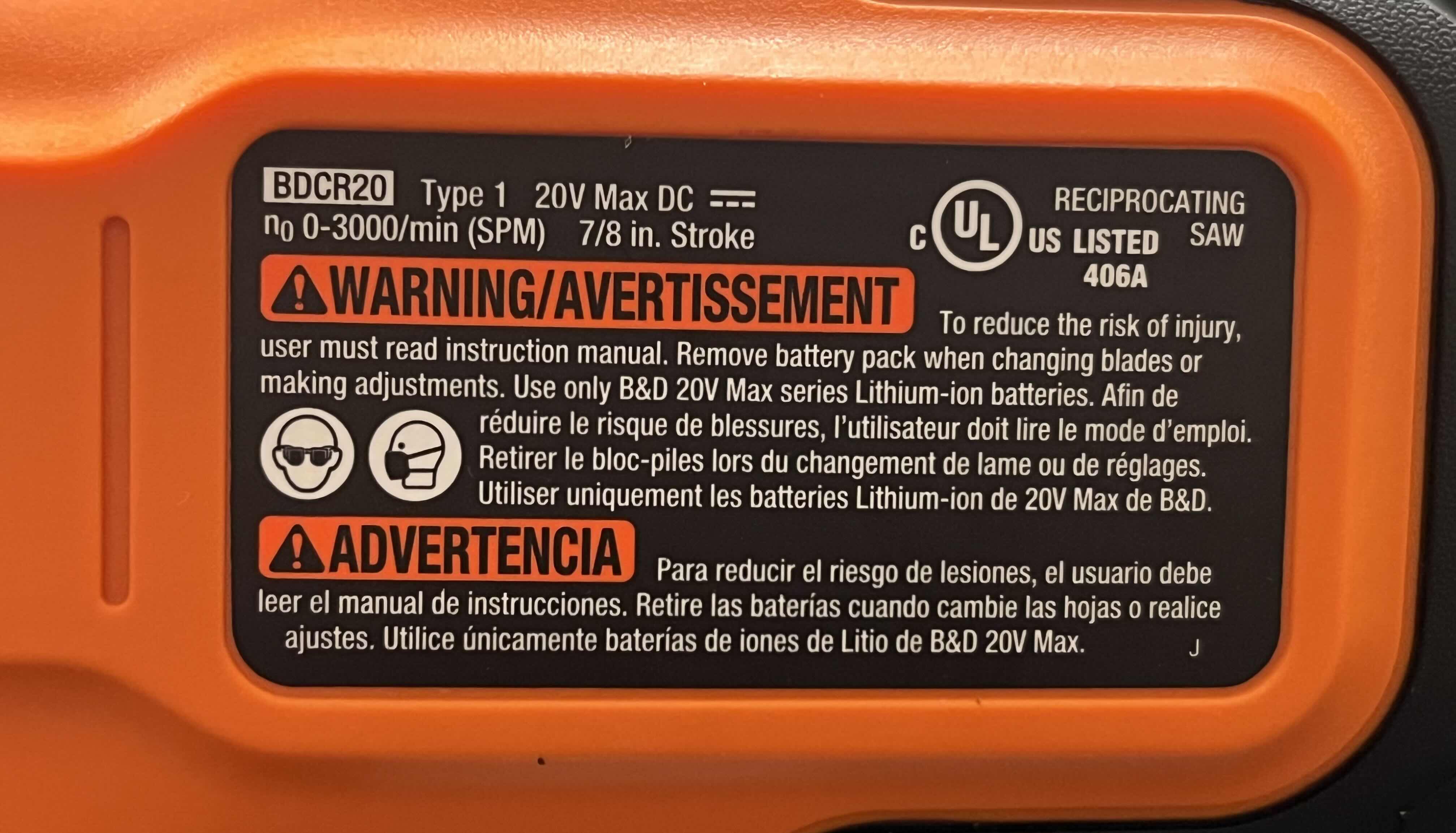 Photo 1 of BLACK & DECKER 20VOLT RECIPROCATING SAW BDCR20 W 20VOLT BATTERY