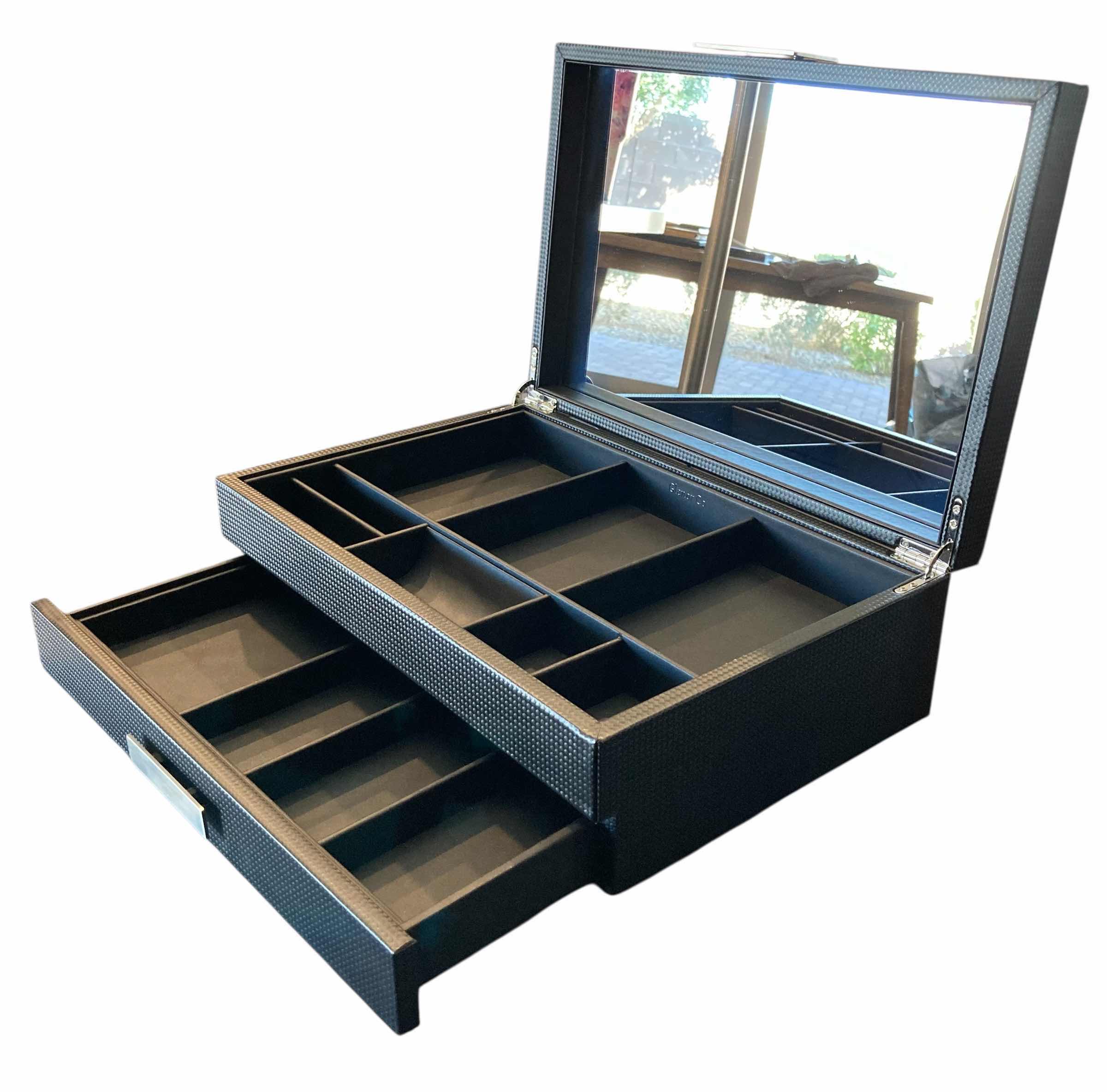Photo 1 of GLENOR CO MEN’S 12 SLOT CARBON FIBER METAL LUXORY BLACK JEWELRY/ACCESSORY BOX 14” X 9.5” H4.5”