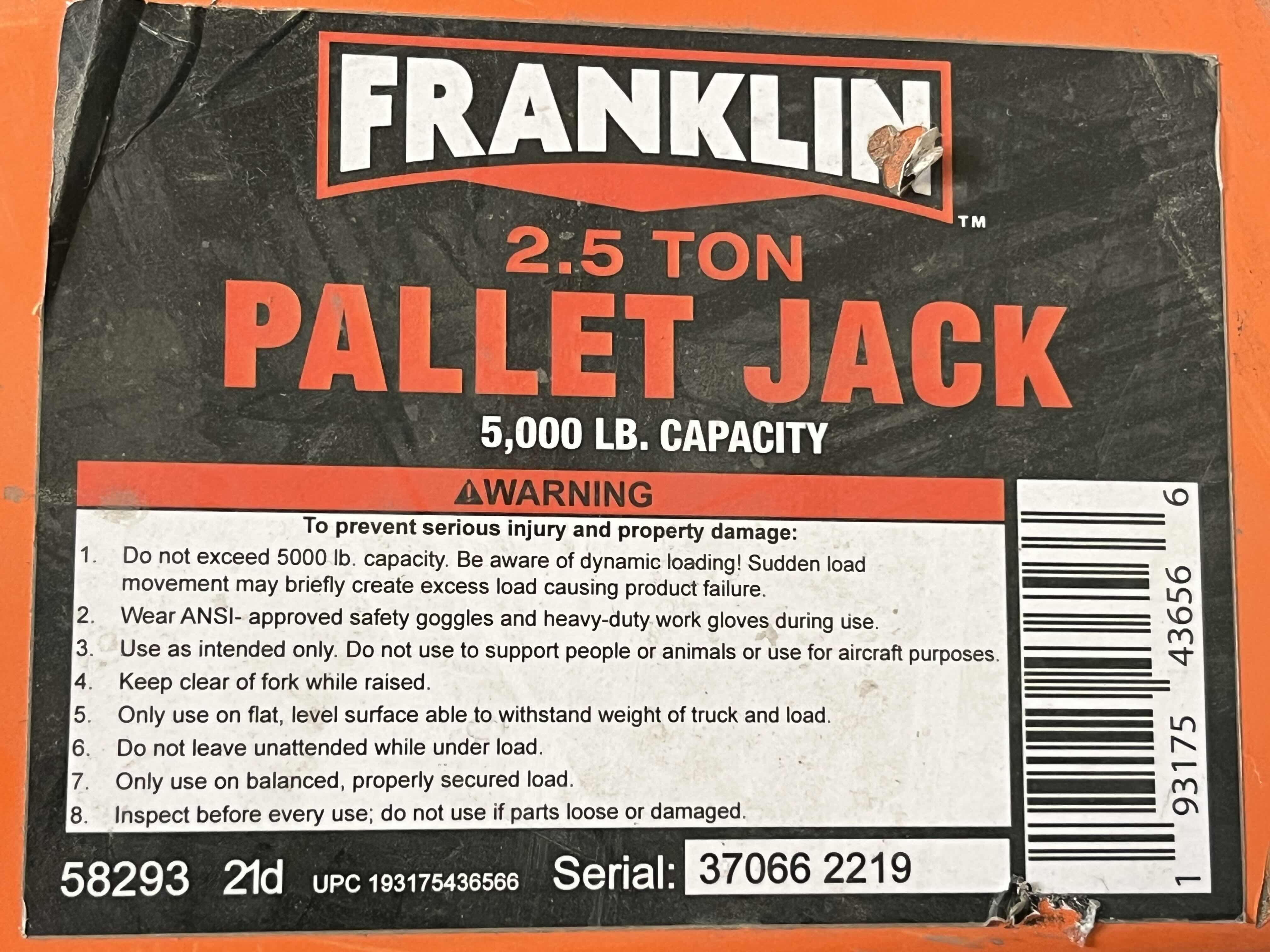 Photo 1 of $470.    FRANKLIN 2.5 TON CAP PALLET JACK (READ NOTES)