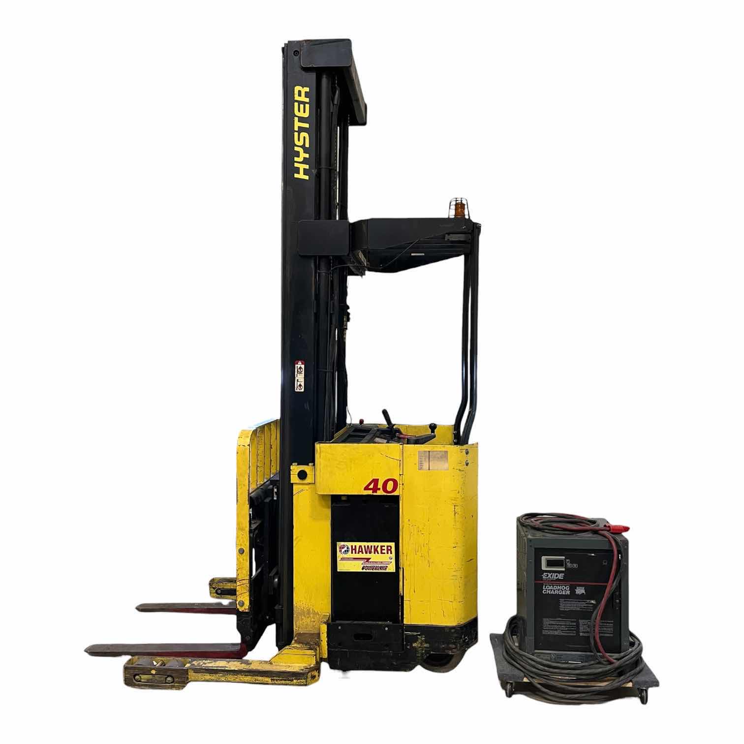 Photo 1 of HYSTER ELECTRIC STAND UP LIFT TRUCK FORKLIFT MODEL N40FR YR.2000 & EXIDE LOAD HOG FORKLIFT CHARGER MODEL LH1-12-850 (READ NOTES)