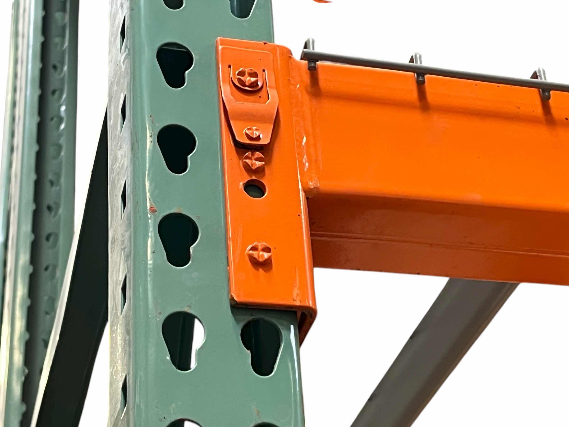 Photo 1 of SOURCE 4 INDUSTRIES PALLET RACK-2 TEARDROP UPRIGHTS 42” X 16’ , 4 TEARDROP CROSS BEAMS 3” X 98.75” ,4 GRATES 45” X 43” 8000LBS CAPACITY (READ NOTES)