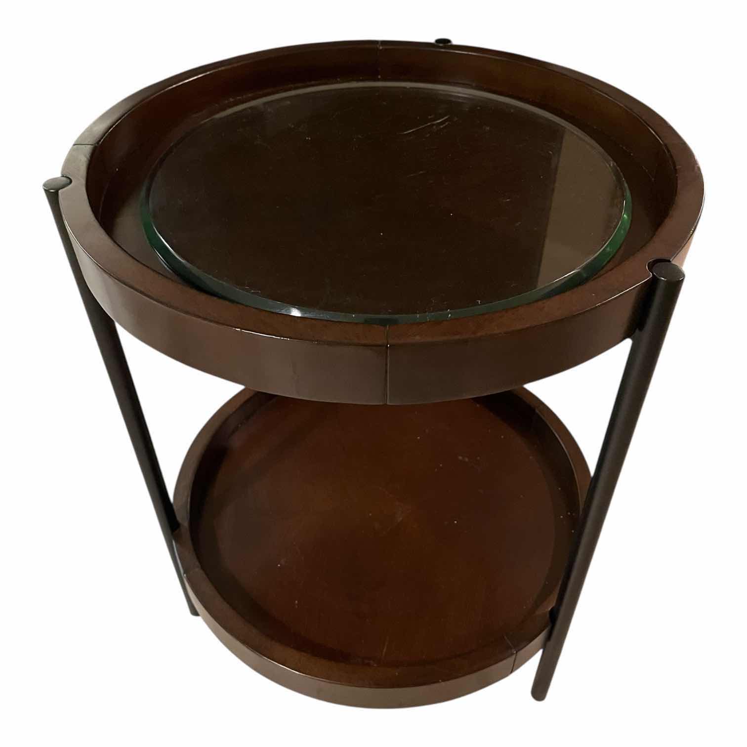 Photo 1 of PACIFIC COAST LIGHTING 2 TIER MAHOGANY WOOD FINISH ACCENT TABLE W GLASS INSERT 20” X 24”